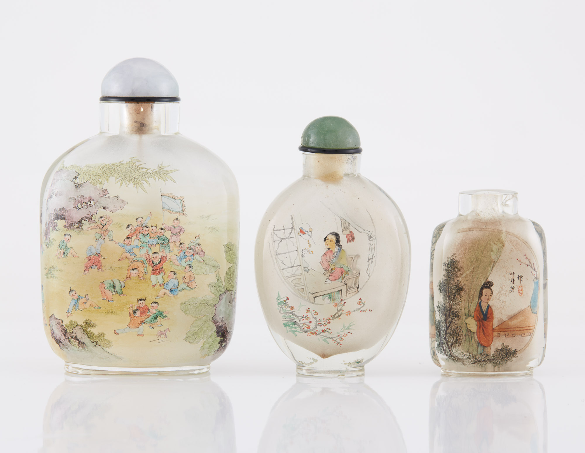 Lot image - Group of Three Chinese Inside Painted Glass Snuff Bottles