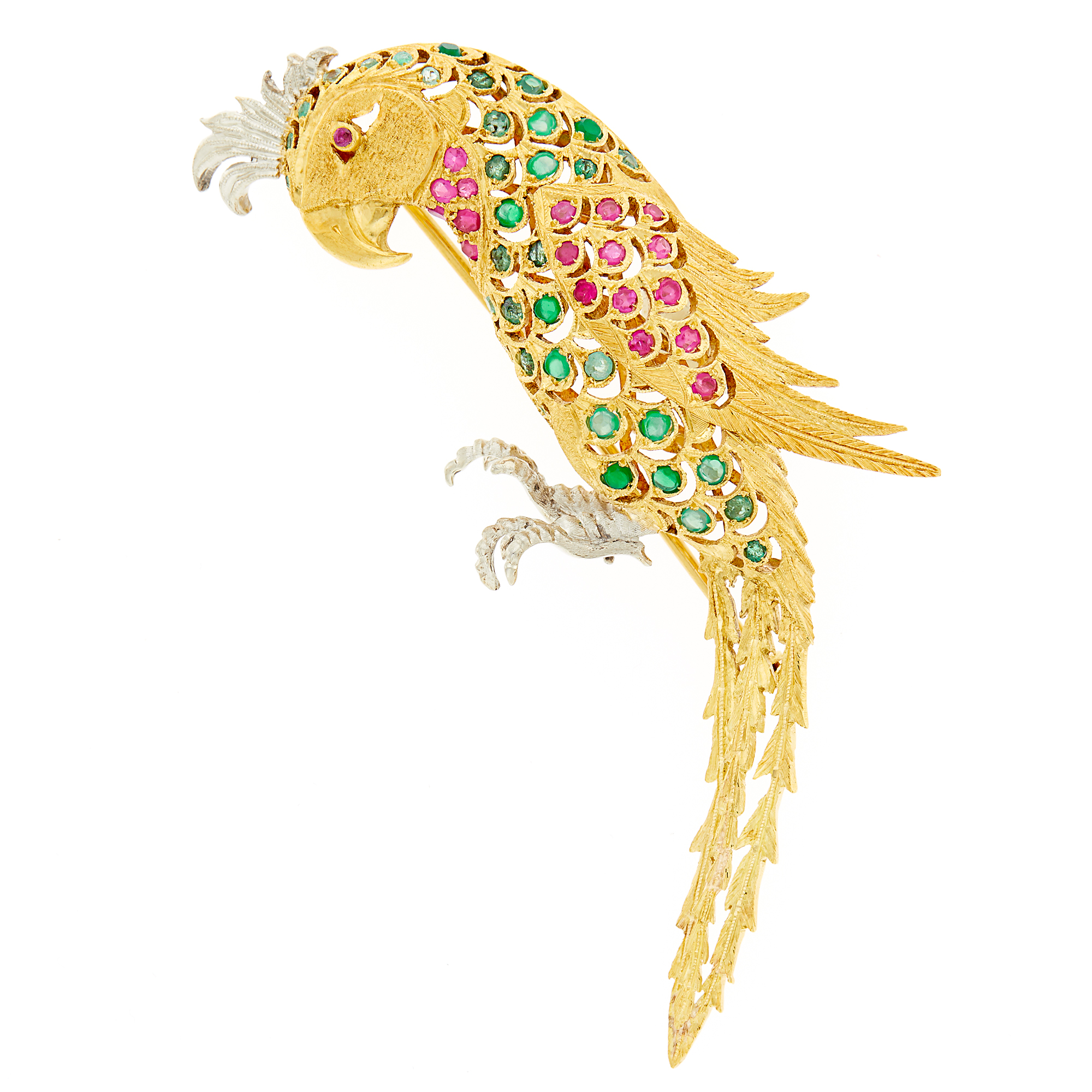 Lot image - Two-Color Gold, Emerald and Ruby Parrot Brooch