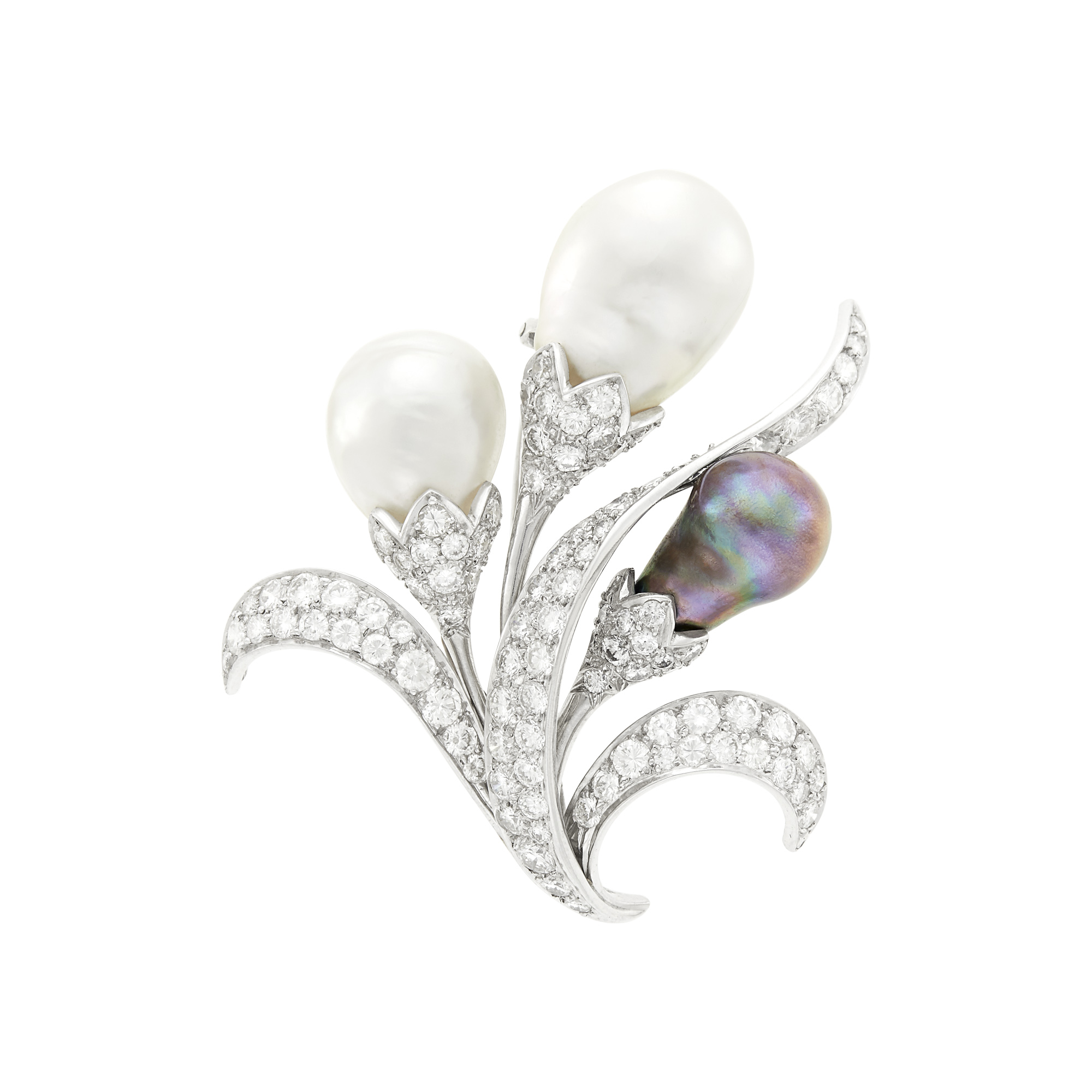 Lot image - David Webb Platinum, Baroque South Sea and Tahitian Black Cultured Pearl and Diamond Brooch