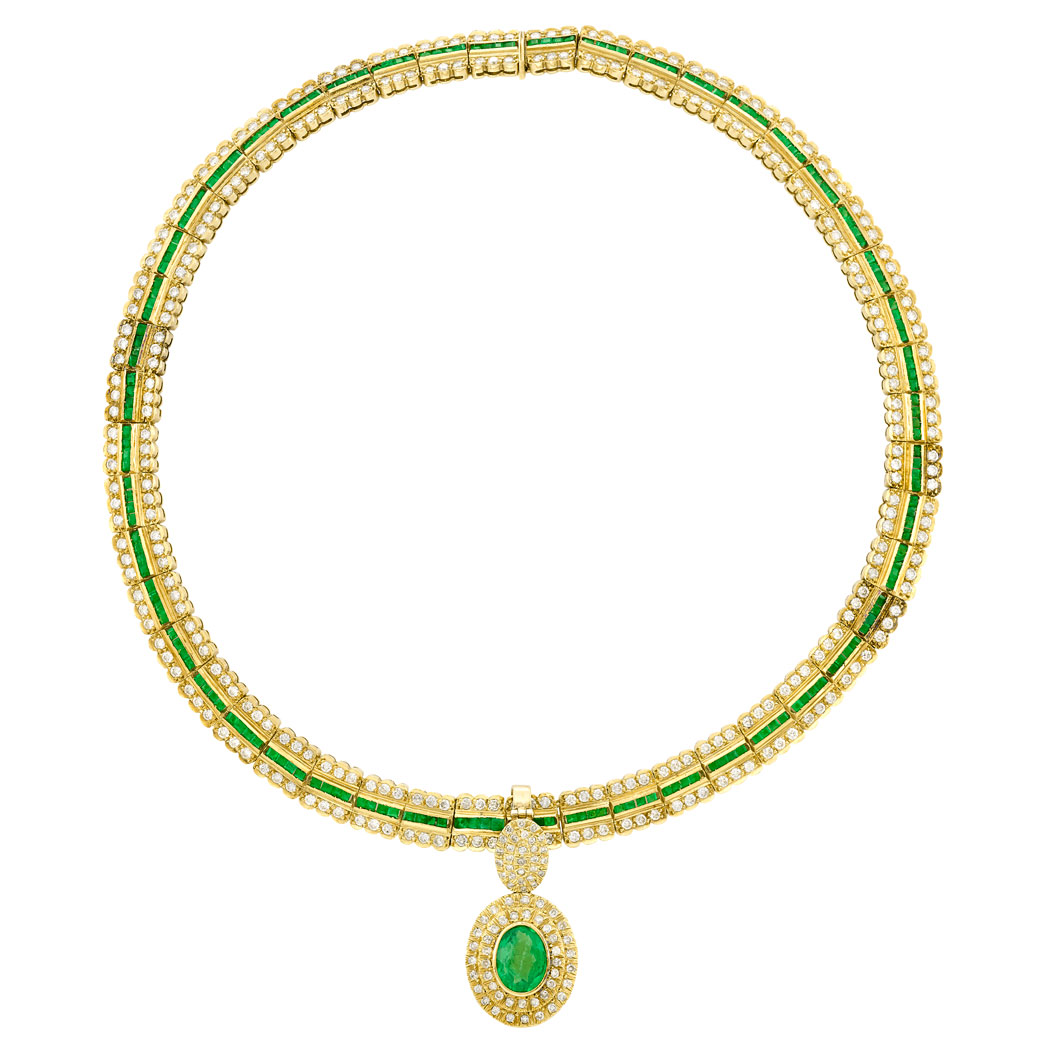 Lot image - Gold, Emerald and Diamond Slide Pendant-Necklace