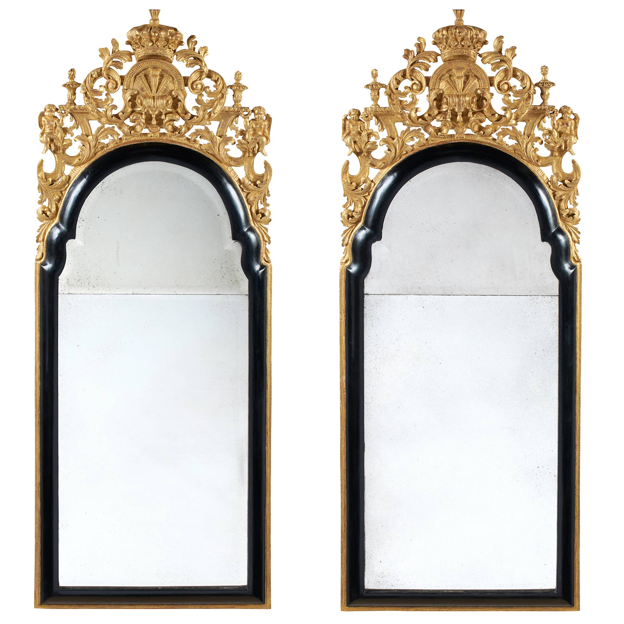 Lot image - Pair of William III Black-Japanned and Parcel-Gilt Pier Mirrors