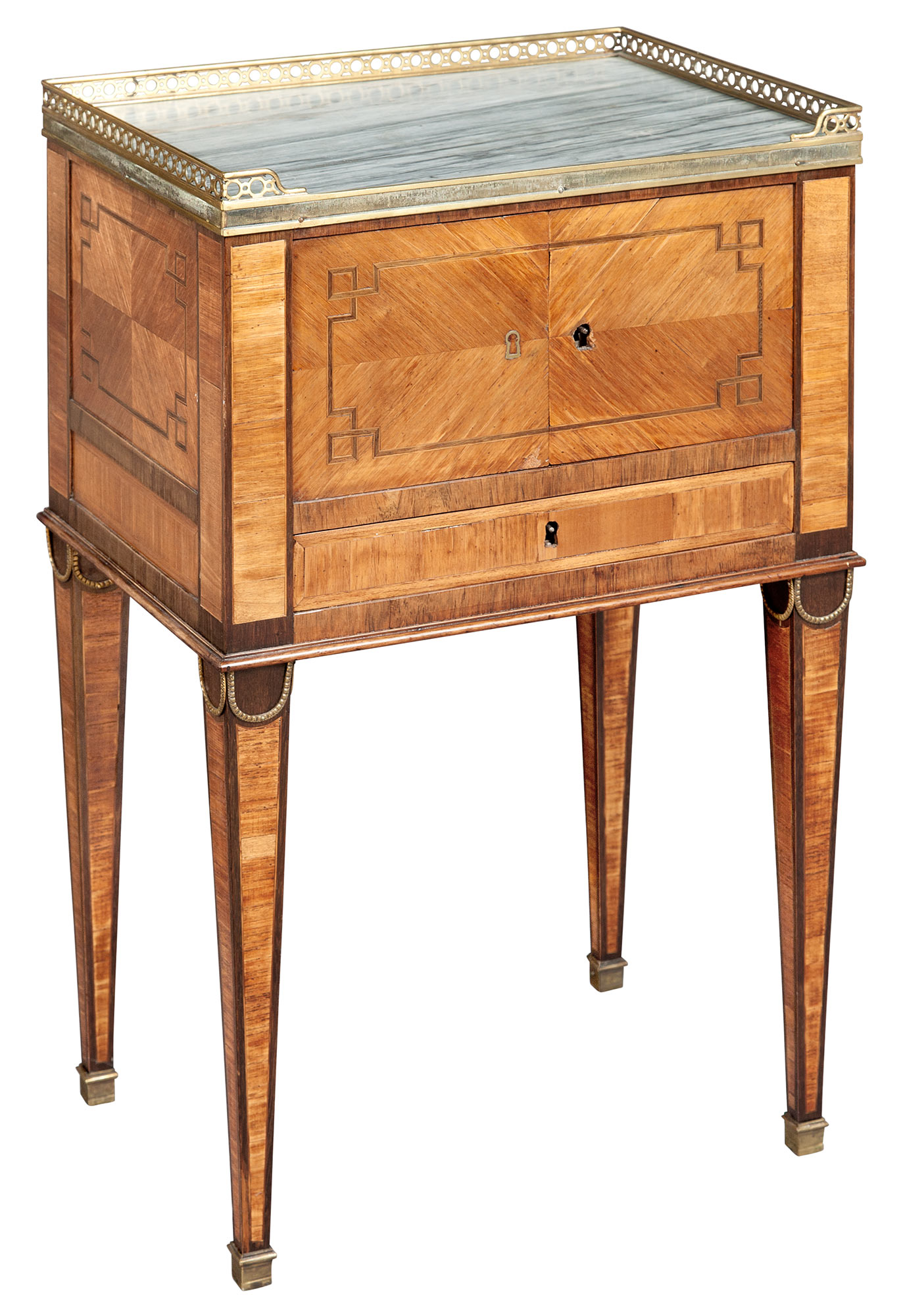 Lot image - Louis XVI Style Gilt-Brass Mounted Marble Top Tulipwood Side Table