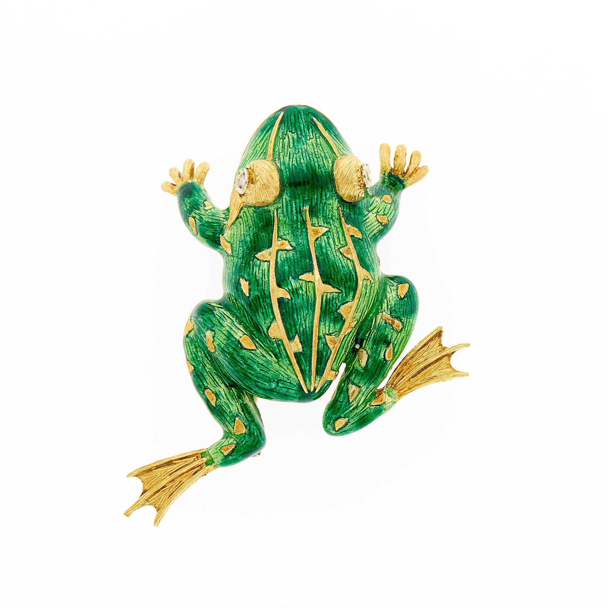 Lot image - Gold, Green Enamel and Diamond Frog Brooch