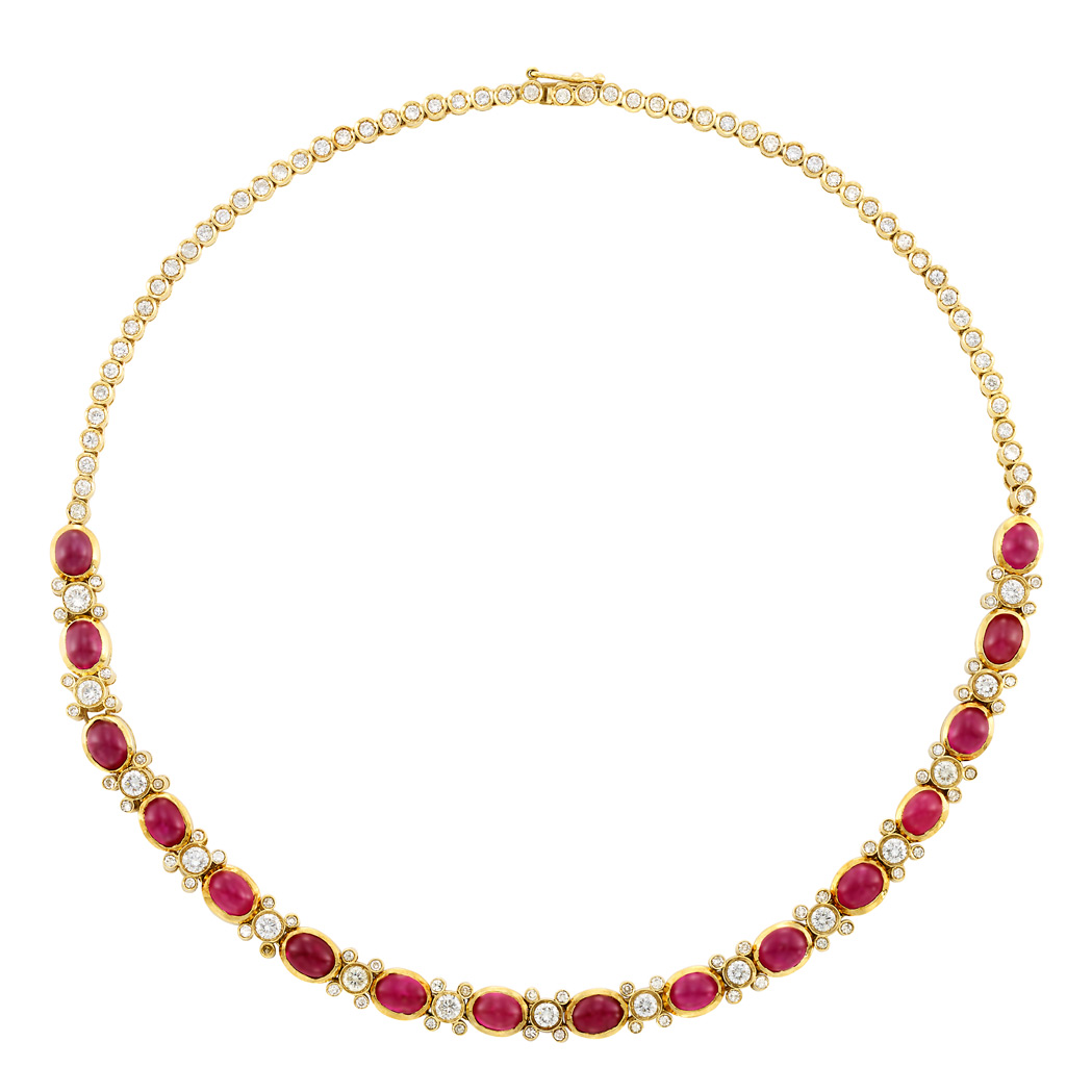 Lot image - Gold, Cabochon Ruby and Diamond Necklace
