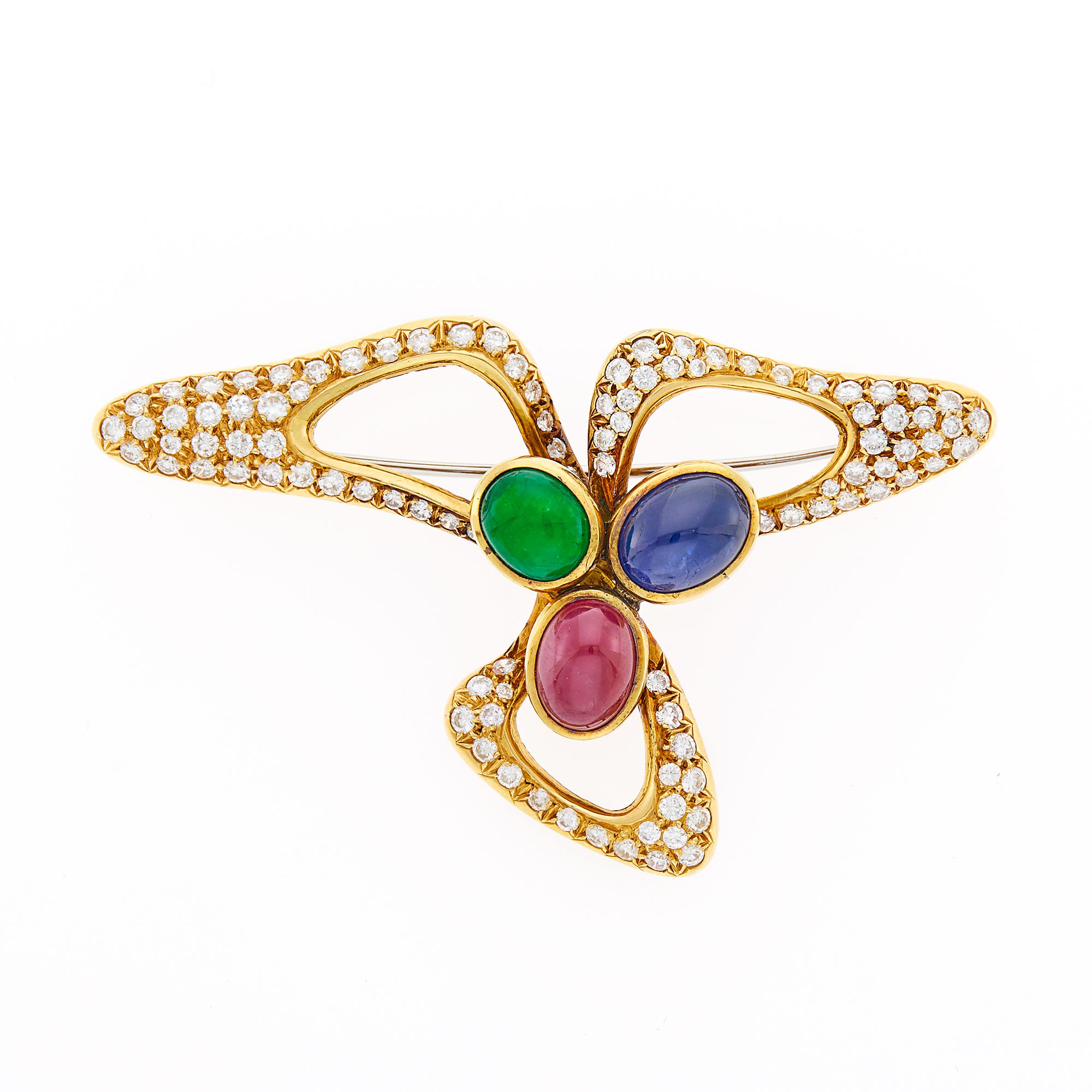 Lot image - Trio Gold, Cabochon Colored Stone and Diamond Pendant-Brooch