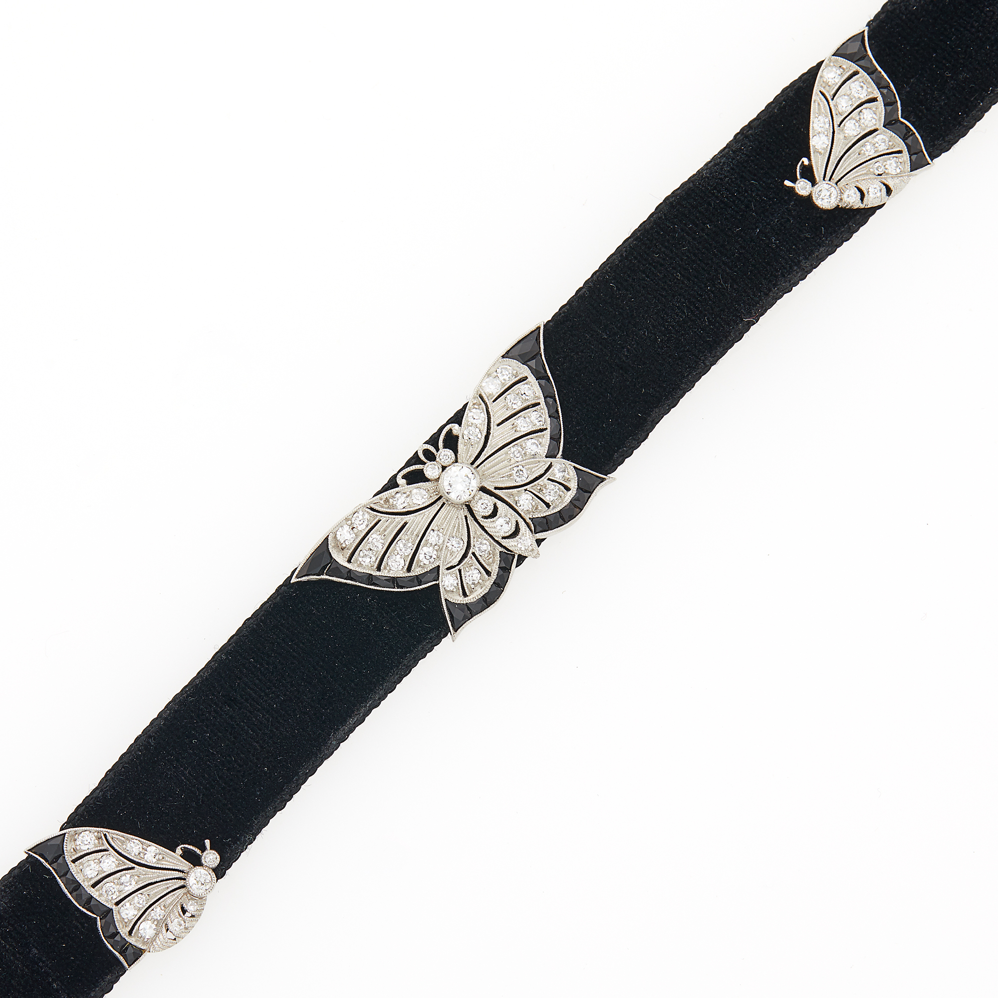 Lot image - Spaulding & Co. Platinum, Black Onyx, Diamond and Black Velvet Ribbon Butterfly Choker Necklace