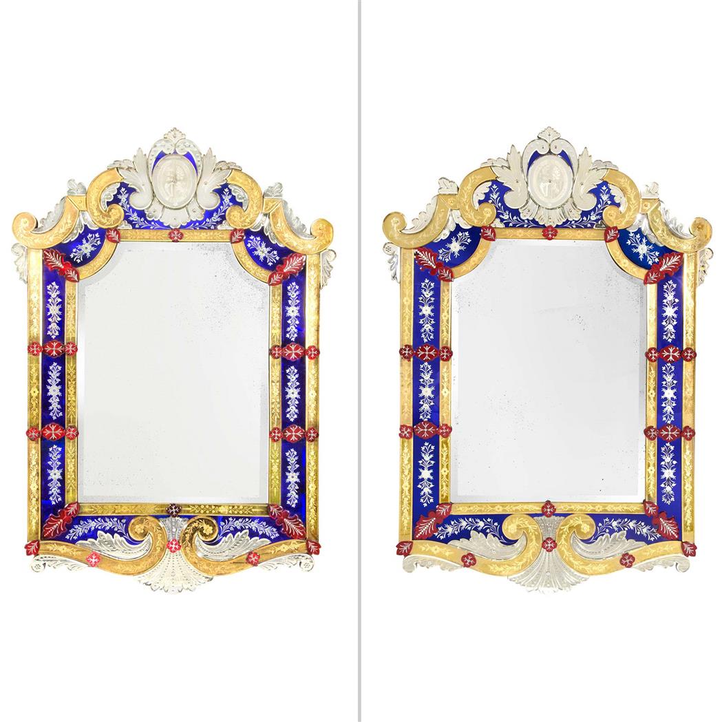 Lot image - Pair of English Blue, Red and Gilt-Engraved Glass Venetian Mirrors attributed to F. & C. Osler
