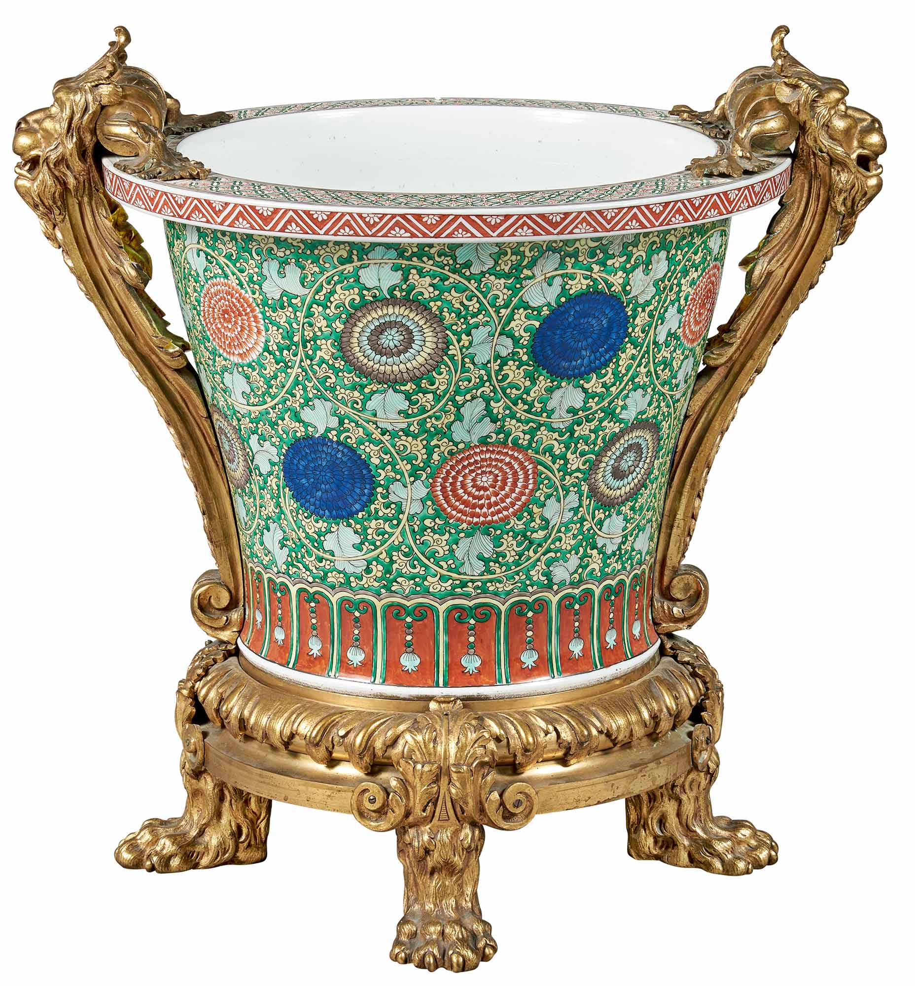 Lot image - Louis XVI Style Chinese Famille Verte Enamel-Decorated Porcelain and Ormolu-Mounted Jardinière