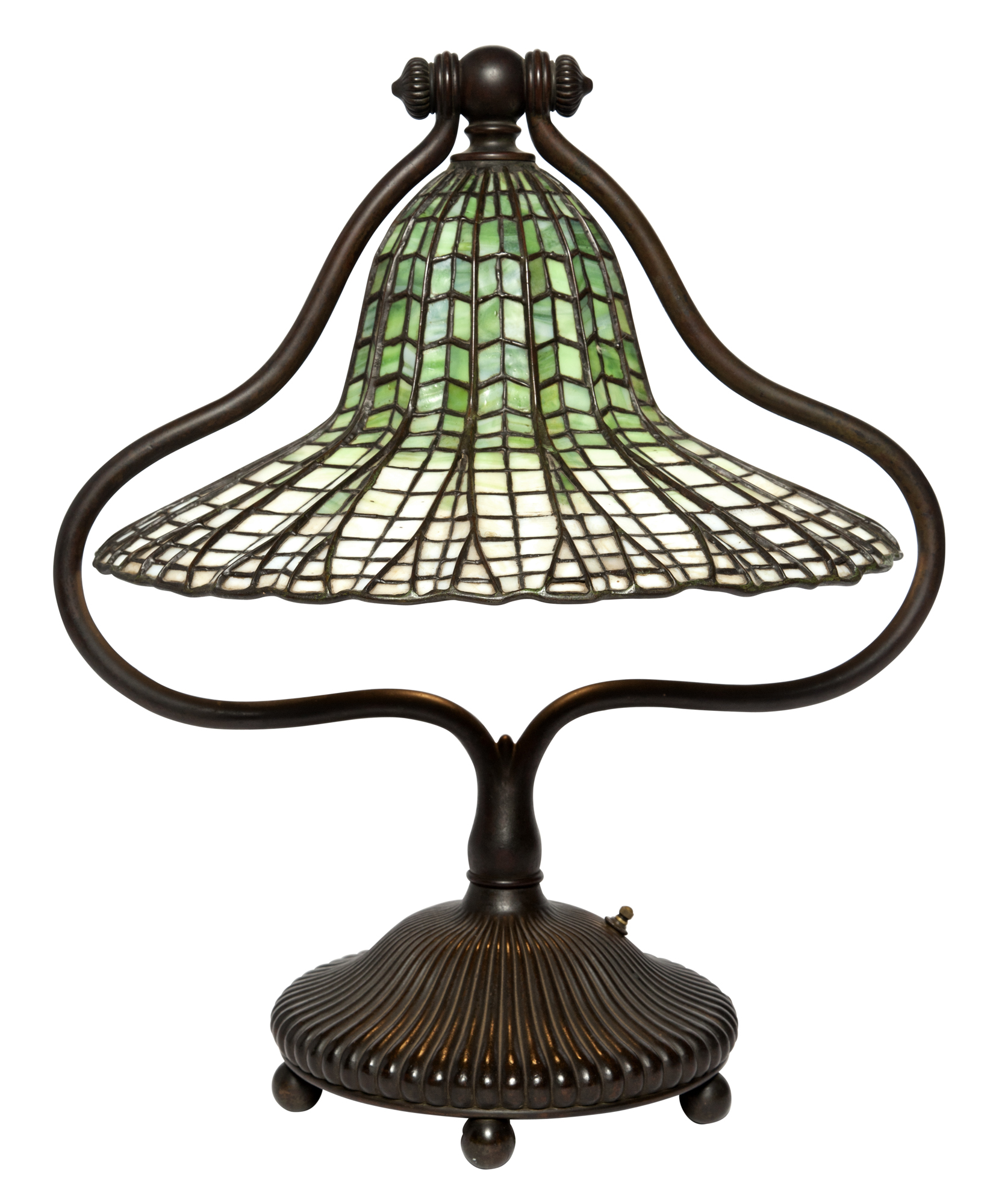 Lot image - Tiffany Studios Bronze and Leaded Glass Lotus Bell Table Lamp