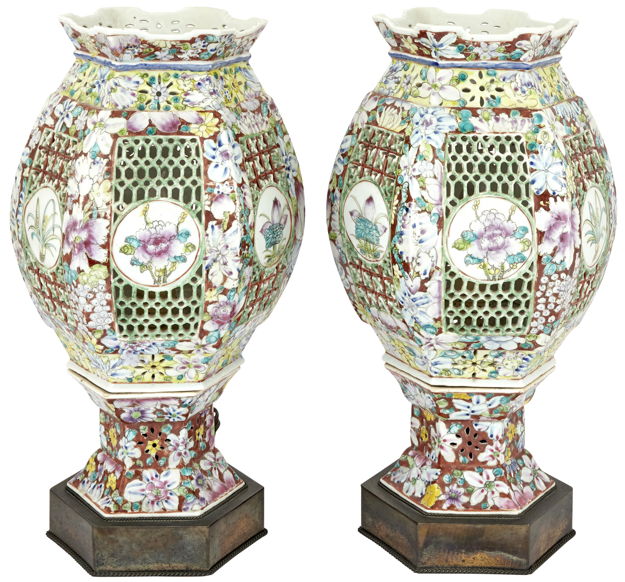 Lot image - A Pair of Chinese Reticulated and Enameled Porcelain Lanterns