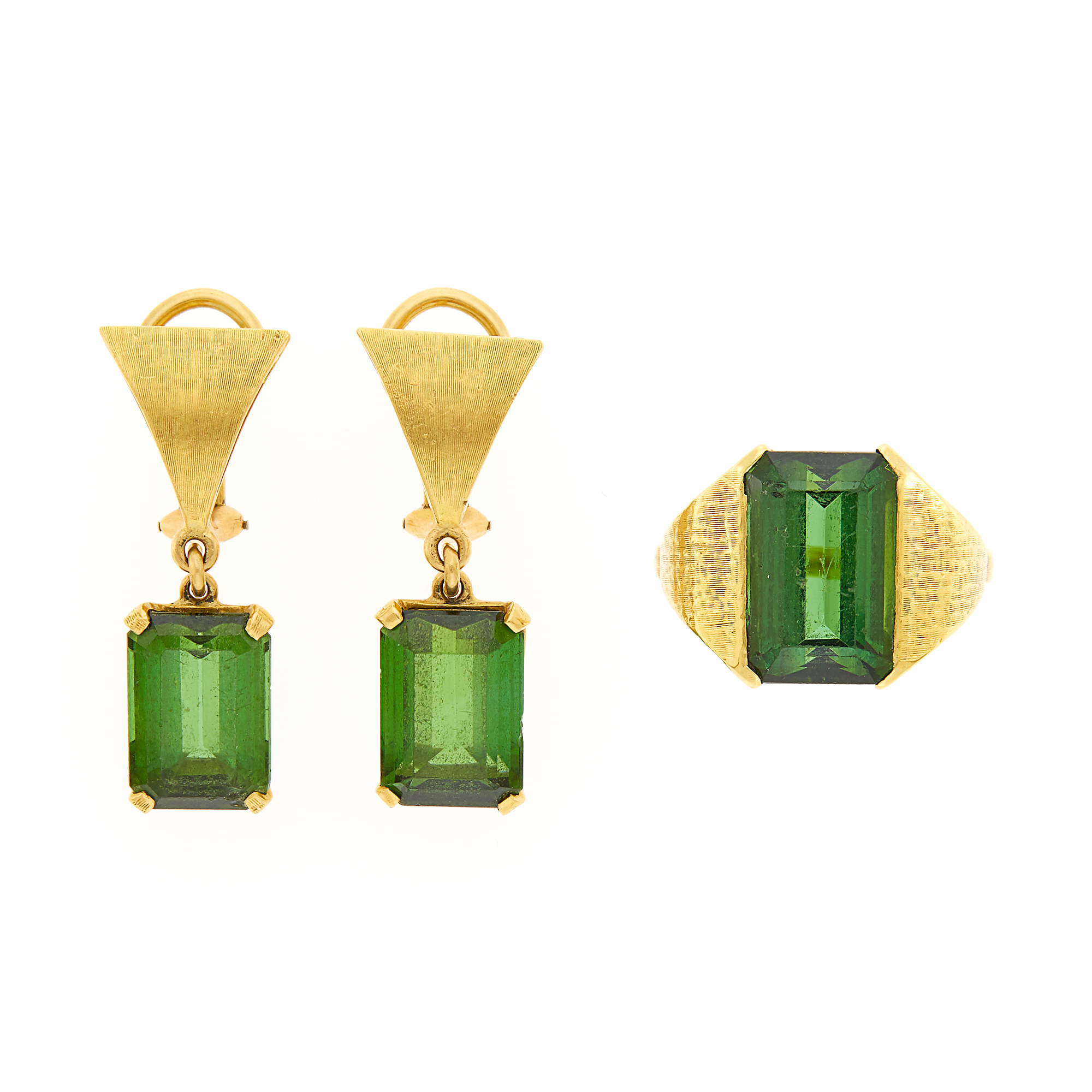 Lot image - Gold and Tourmaline Ring and Pair of Pendant-Earrings