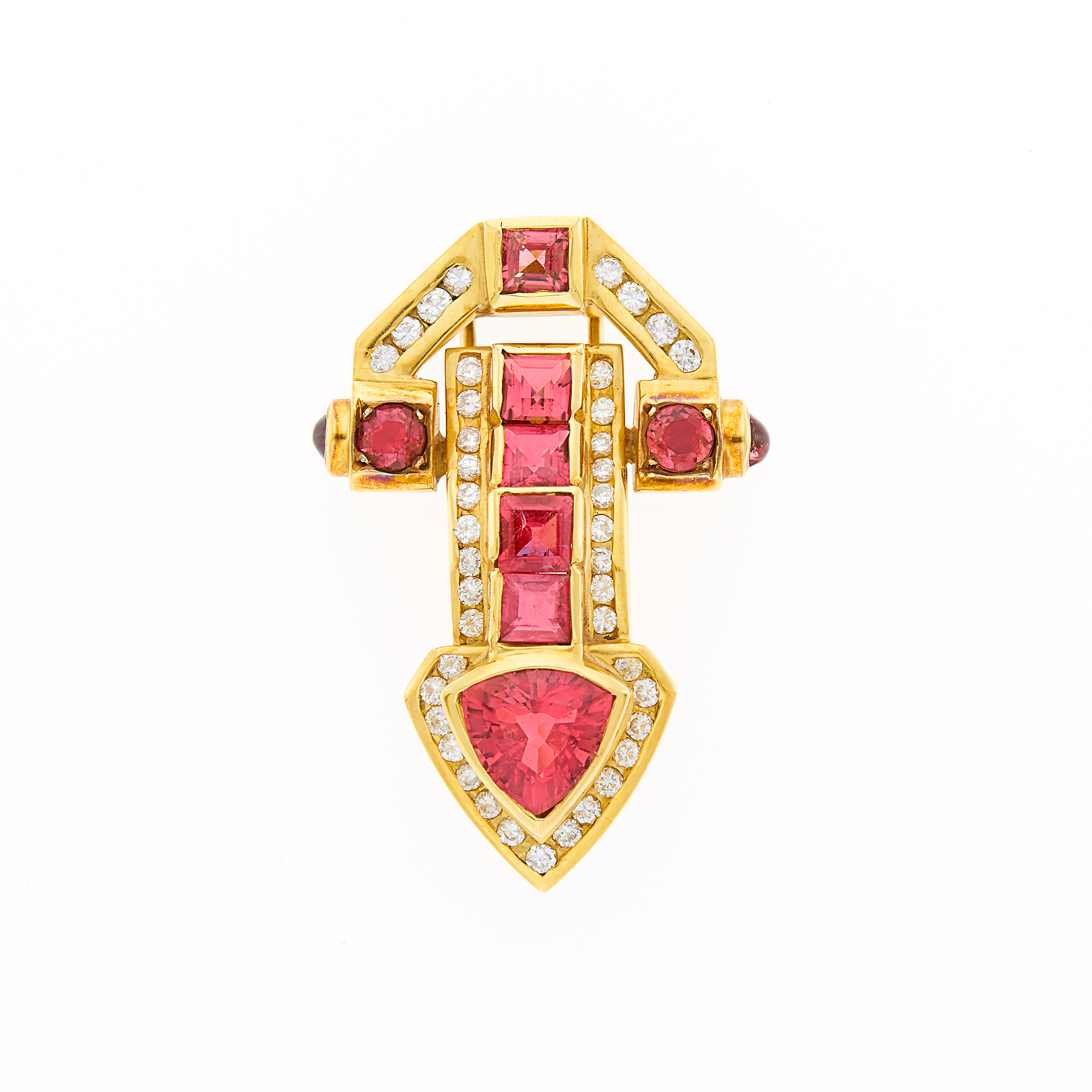 Lot image - Gold, Pink Tourmaline and Diamond Clip-Brooch
