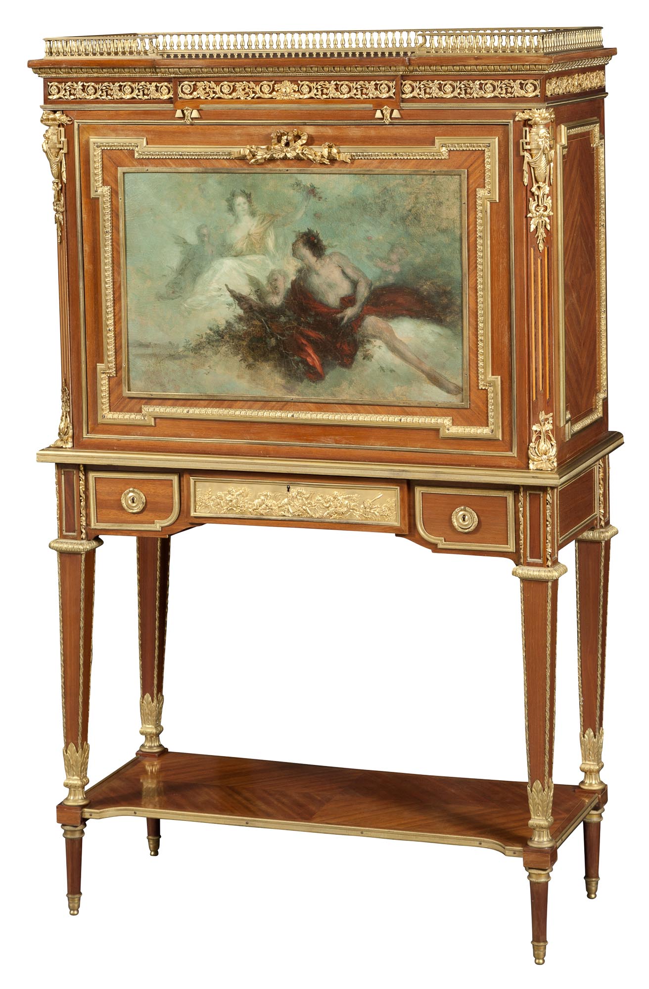 Lot image - French Ormolu-Mounted Tulipwood, Kingwood, Mahogany and Bois Satiné Parquetry and Painted Secrétaire à Abattant by Veuve Paul Sormani & Fils