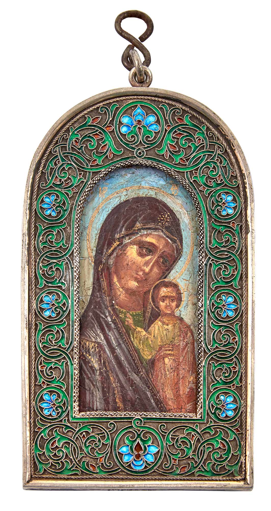 Lot image - Russian Silver and Cloisonné Enamel Icon of the Mother of God of Kazan