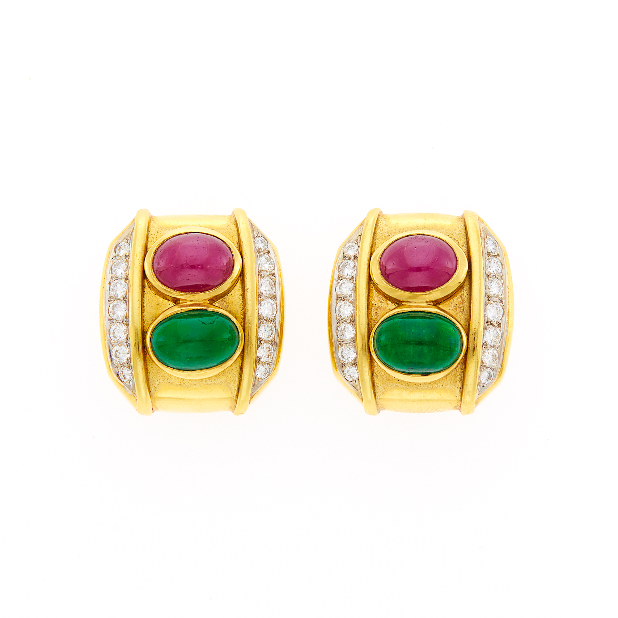 Lot image - Pair of Two-Color Gold, Cabochon Ruby, Emerald and Diamond Earclips