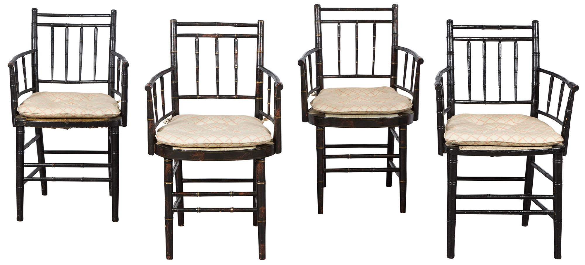 Lot image - Assembled Set of Four Black Painted Bamboo Turned Rush Seat Armchairs