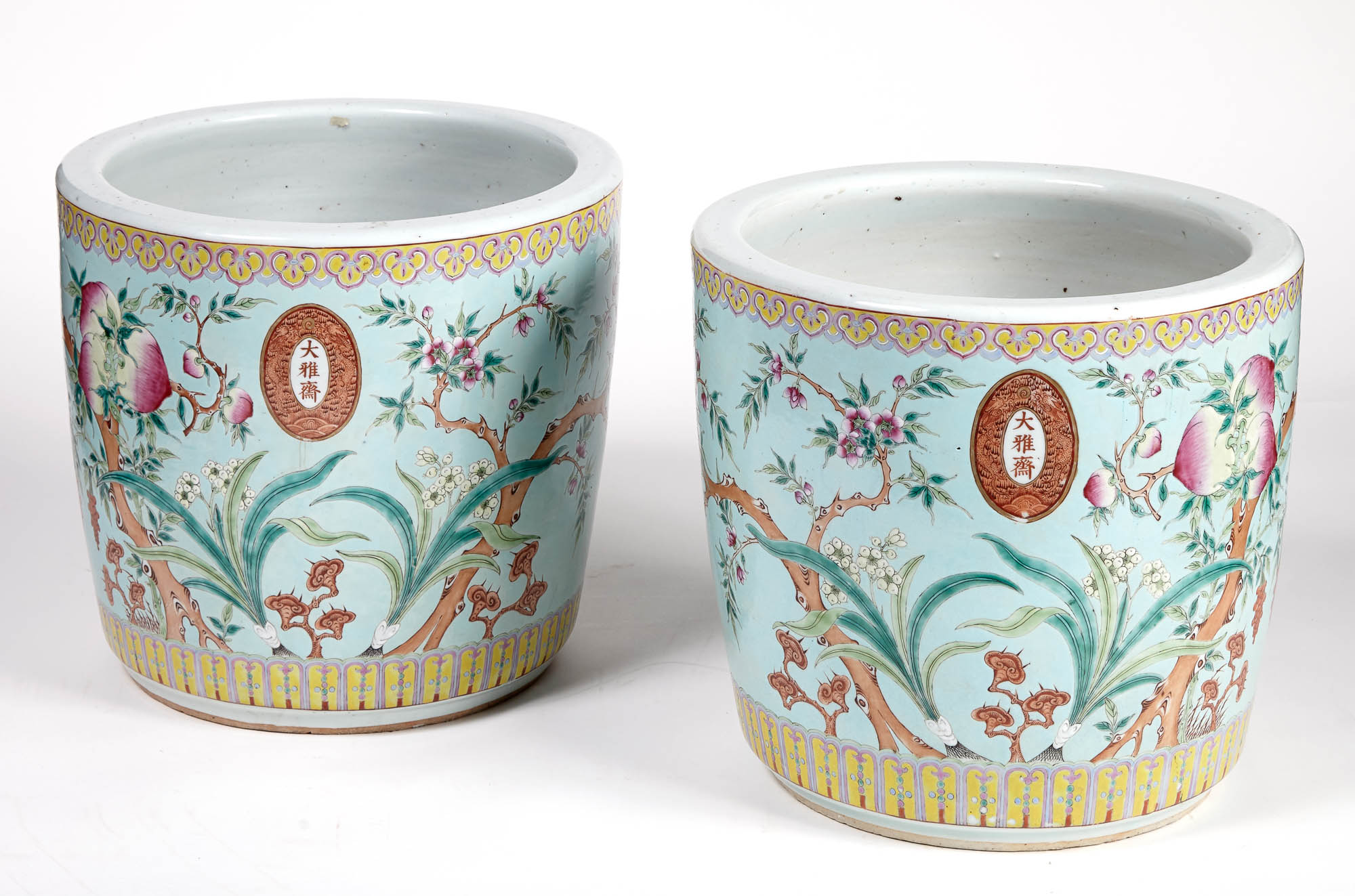 Lot image - Pair of Chinese Glazed Ceramic Peach Decorated Jardinières