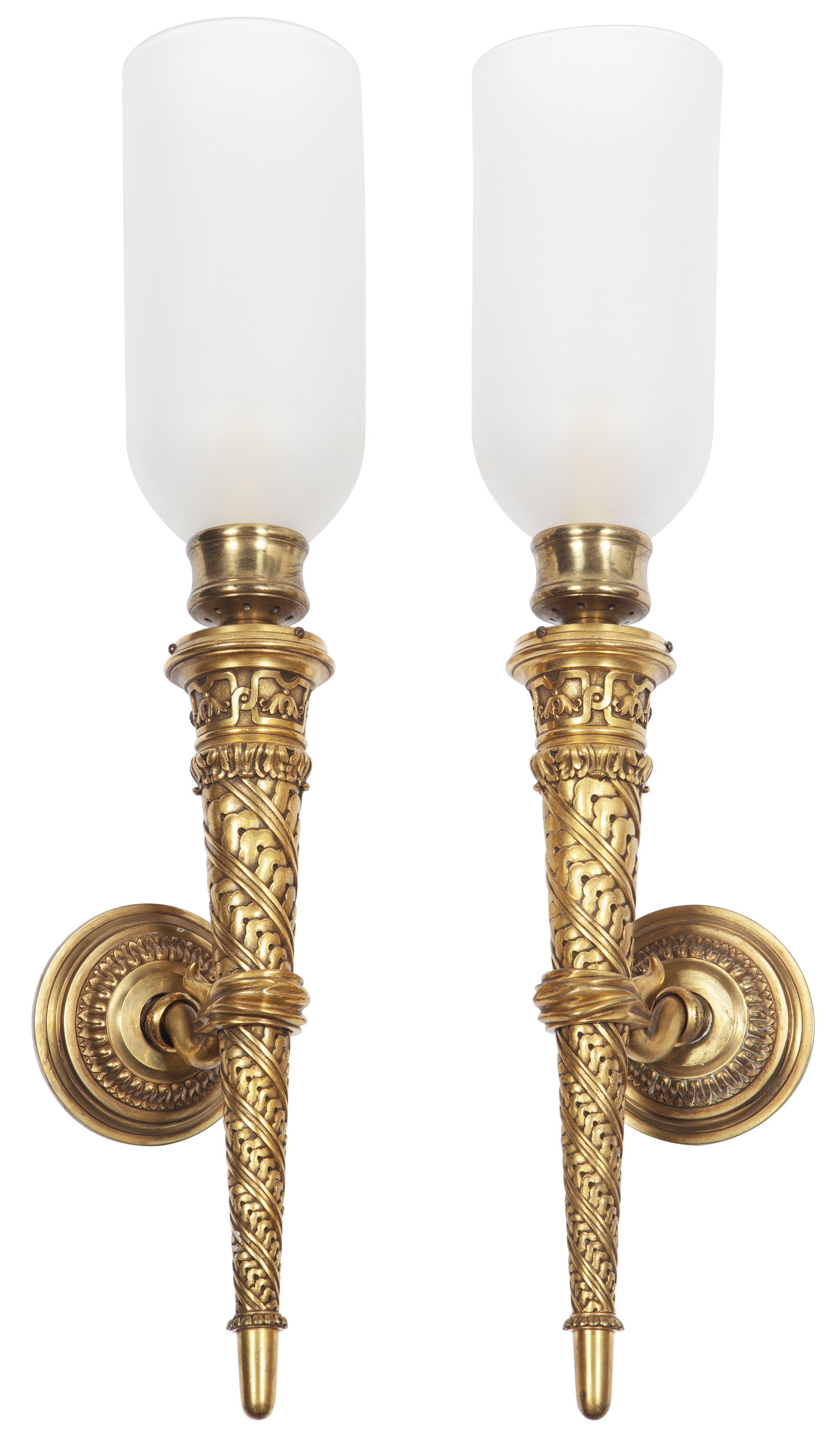Lot image - Pair of Neoclassical Style Gilt-Bronze Single-Light Sconces with Glass Hurricane Shades