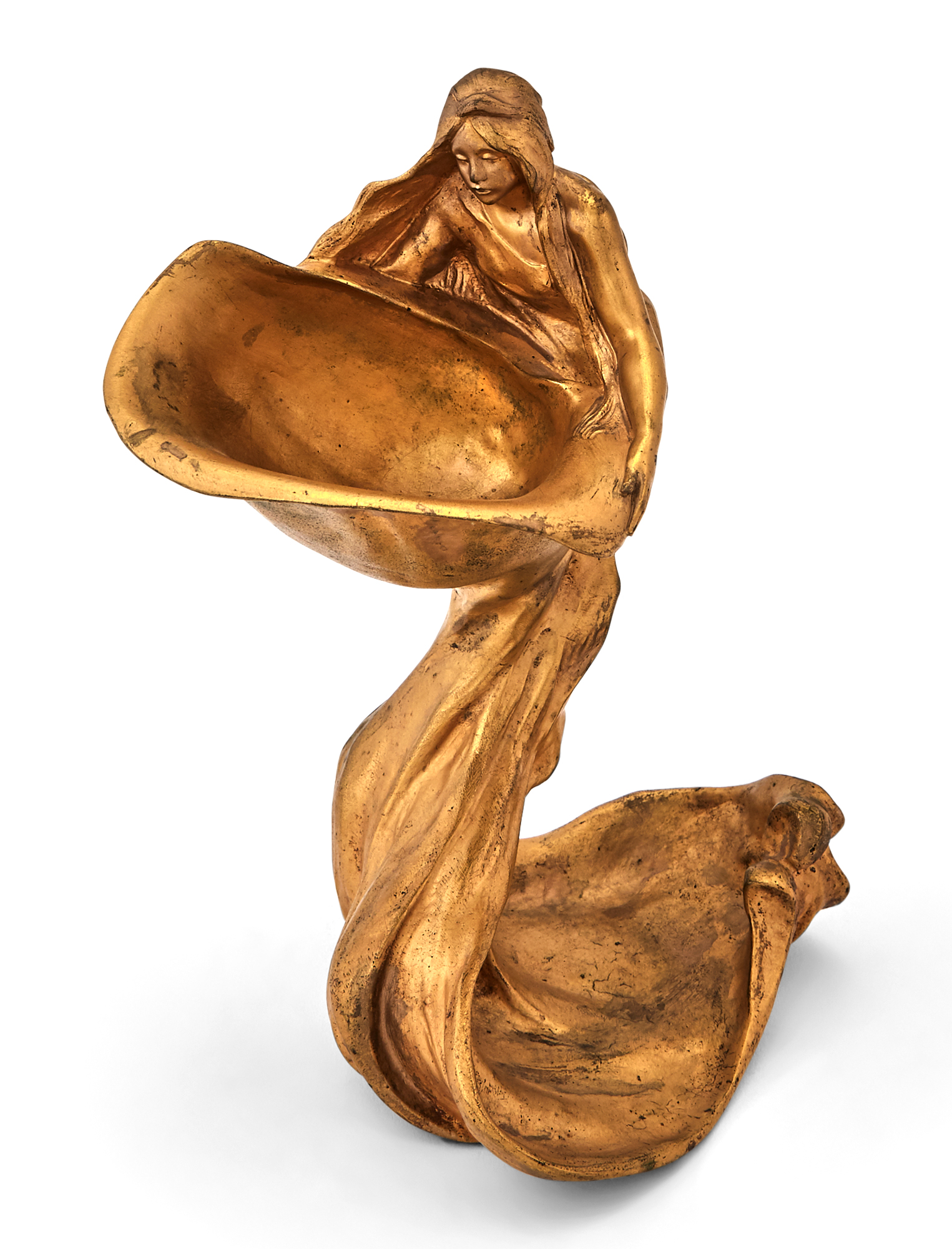 Lot image - French Art Nouveau Gilt-Bronze Figural Raised Dish