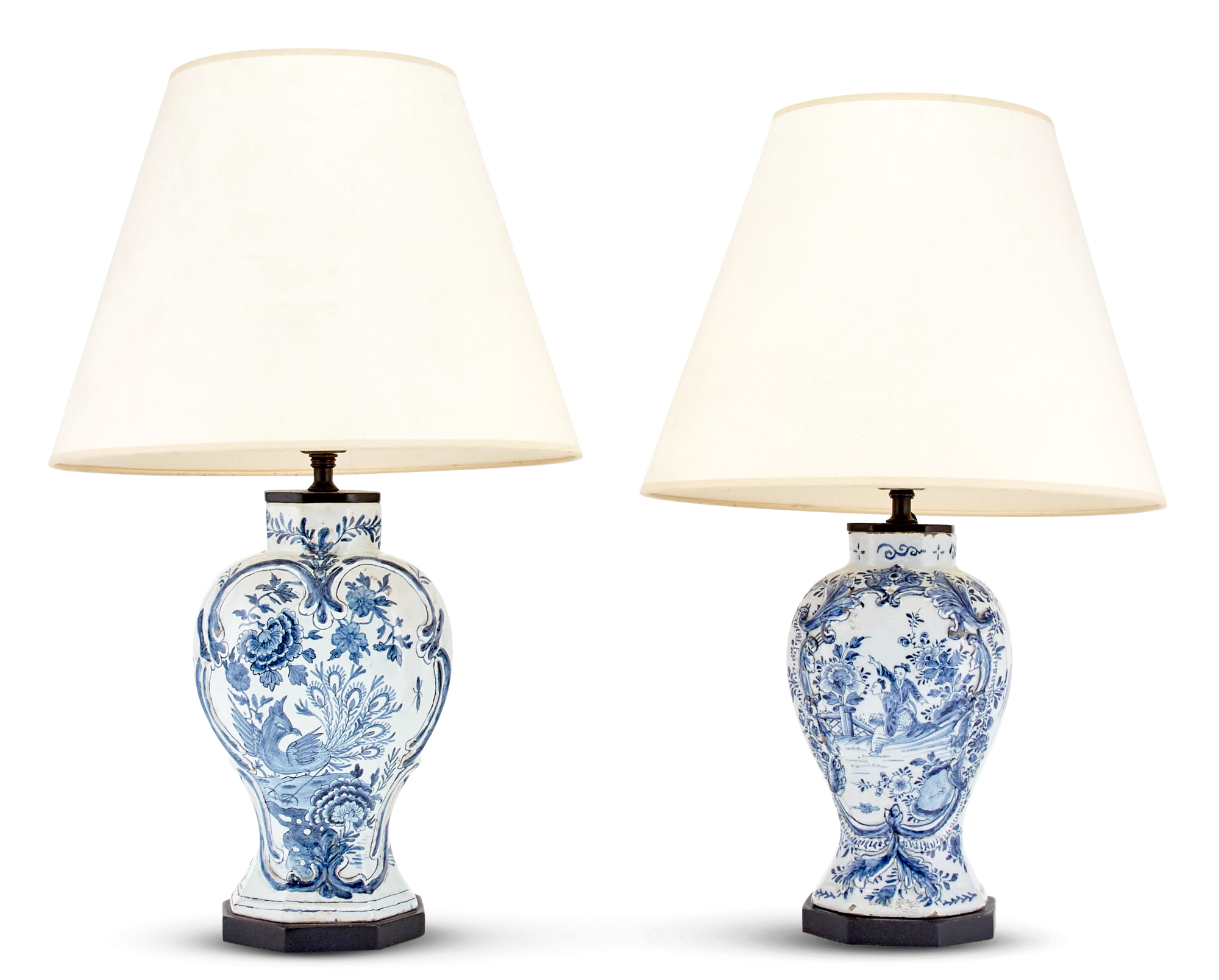 Lot image - Two Dutch Delft Blue and White Garniture Vases Mounted as Lamps