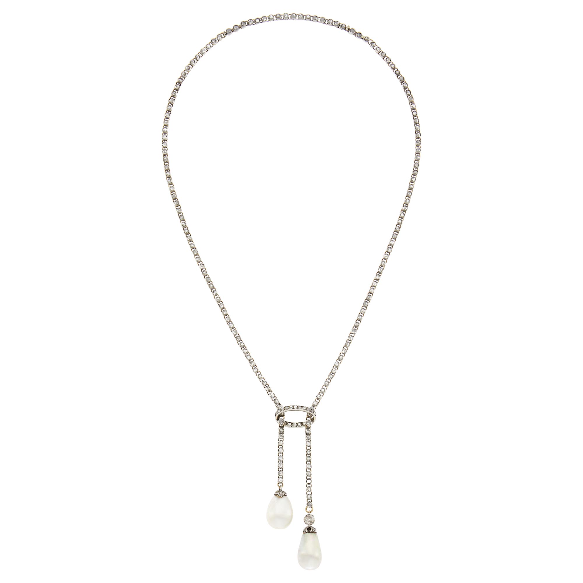 Lot image - Belle Époque Silver, Gold, Natural Pearl and Diamond Pendant-Necklace