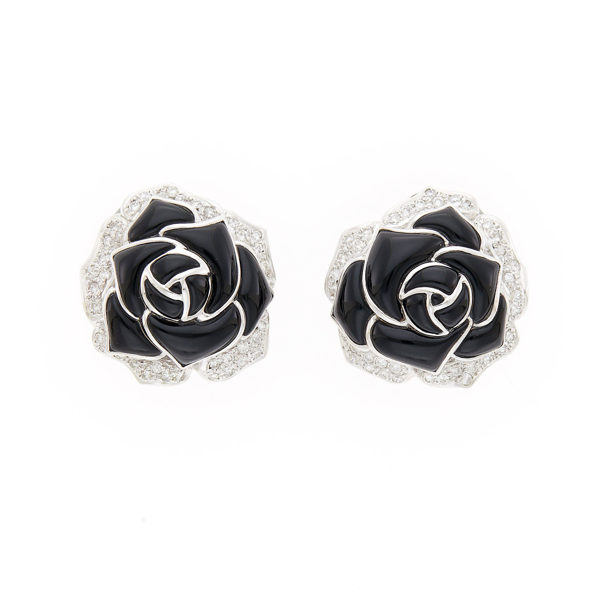 Lot image - Pair of White Gold, Black Onyx and Diamond Rose Earrings