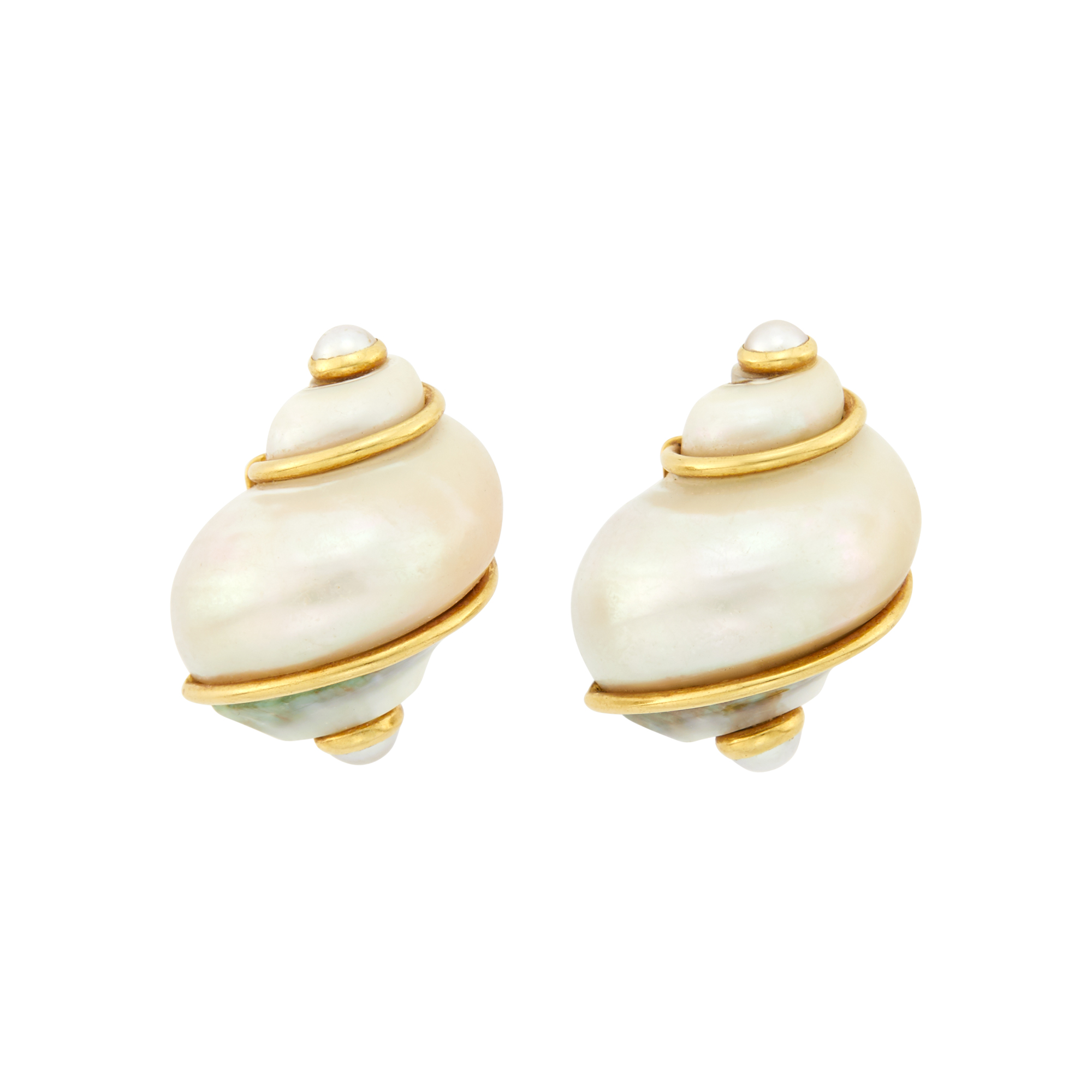 Lot image - Seaman Schepps Pair of Gold, Shell and Split Pearl Turbo Shell Earclips