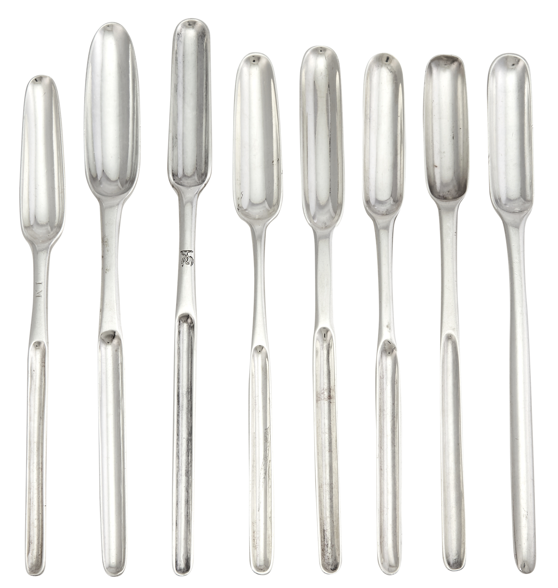 Lot image - Group of Eight George I/II Sterling Silver Marrow Scoops