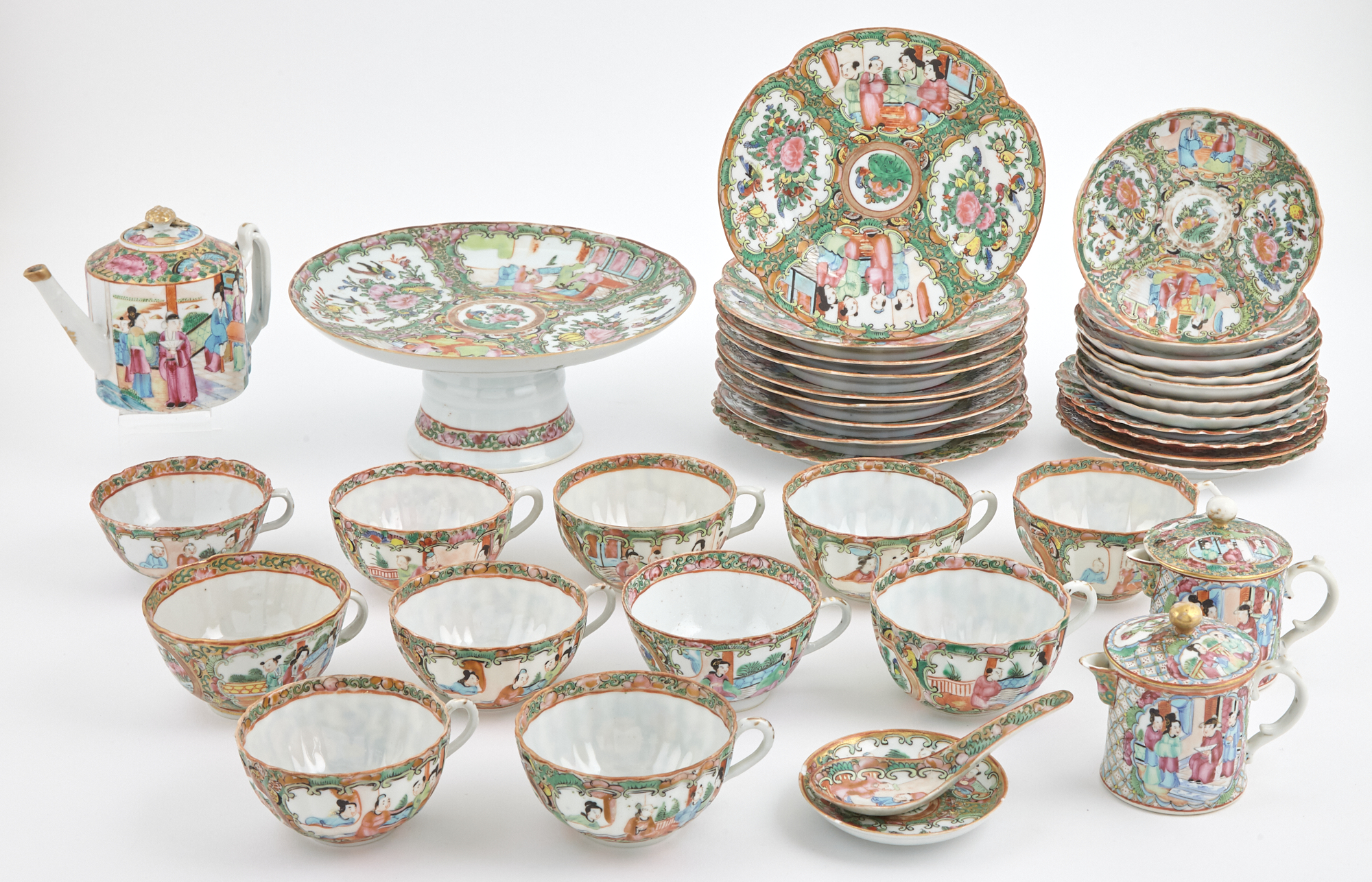 Lot image - Assembled Canton Rose Medalion Porcelain Partial Tea and Dessert Service