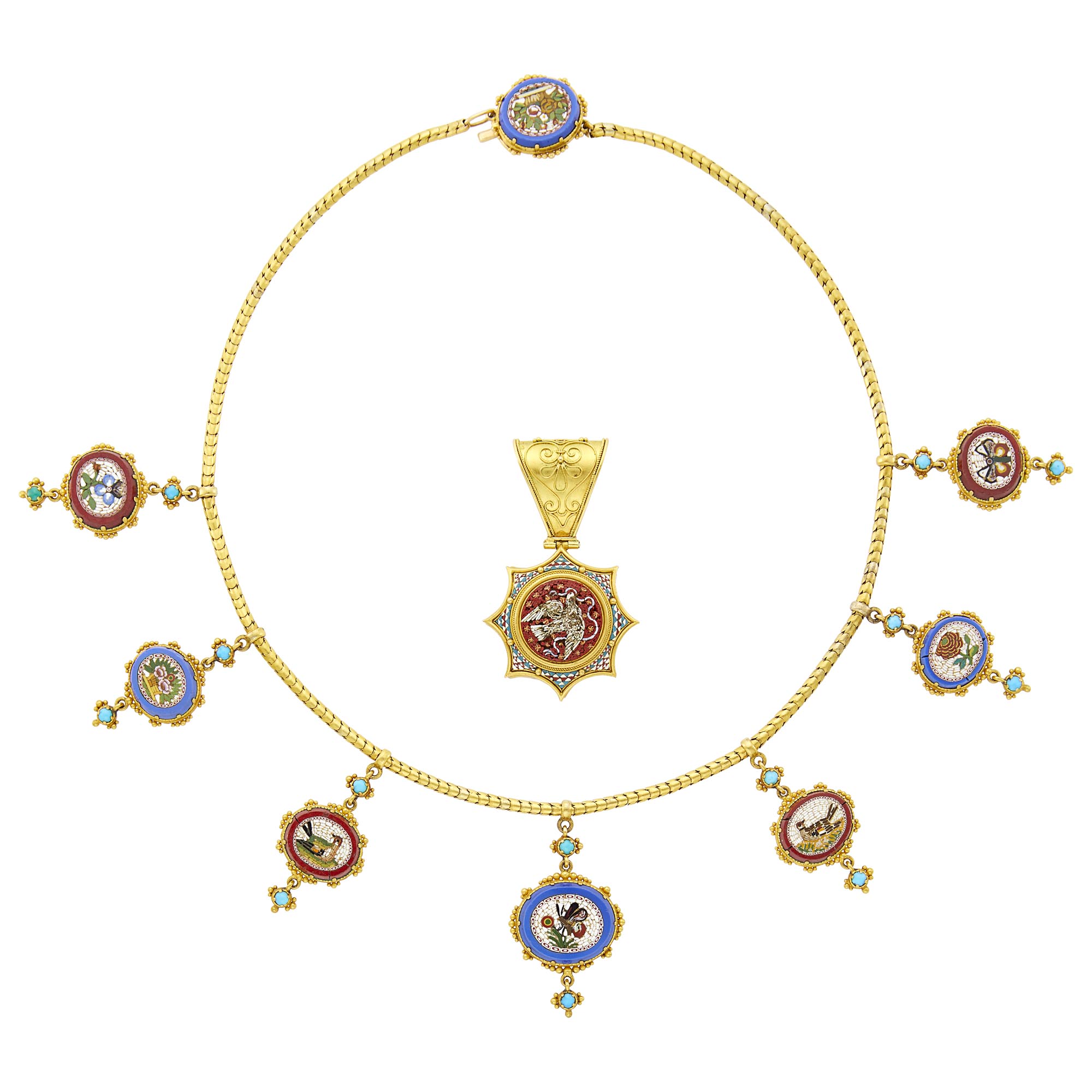 Lot image - Antique Gold and Micromosaic Snake Chain Necklace and Locket Pendant