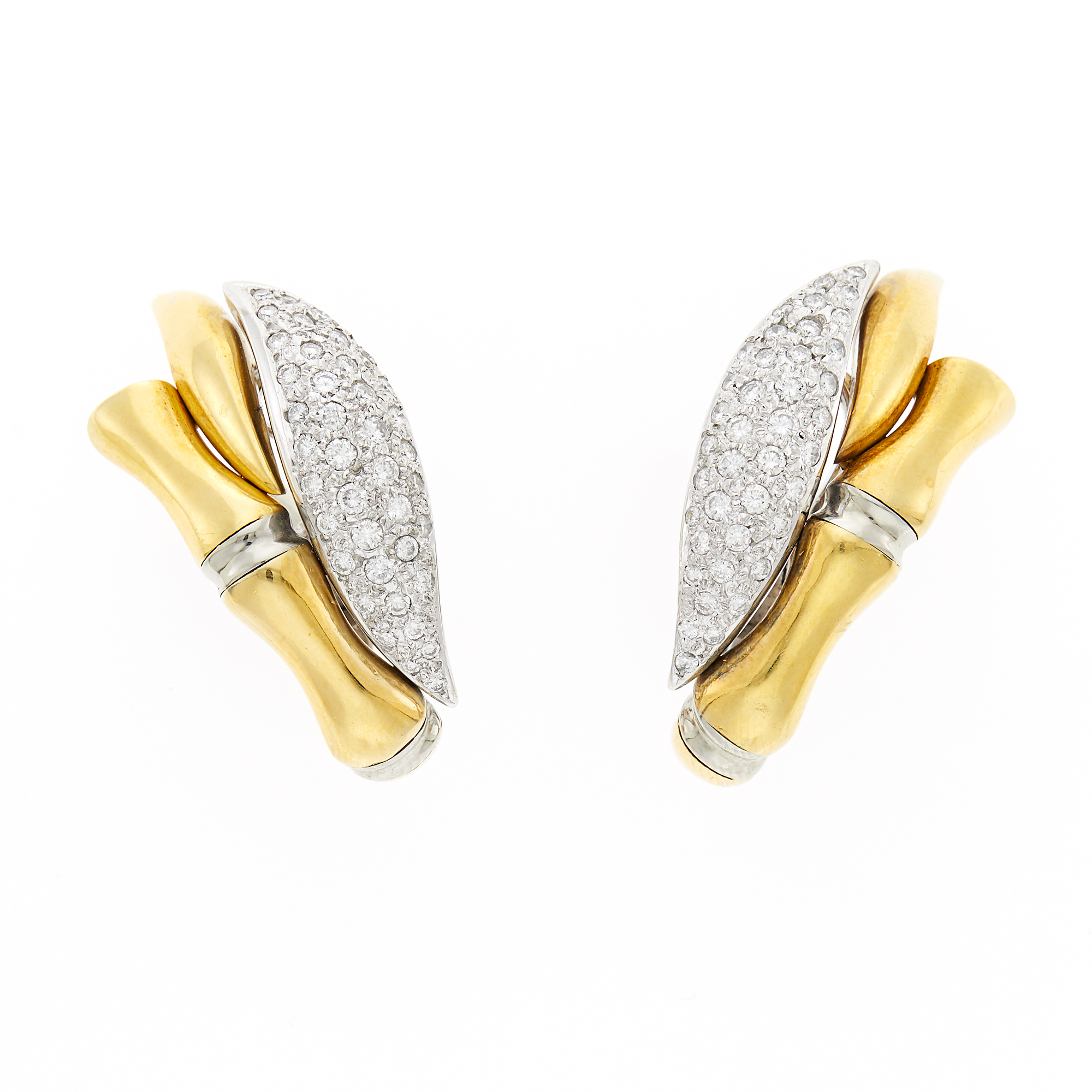 Lot image - Pair of Two-Color Gold and Diamond Bamboo Earrings