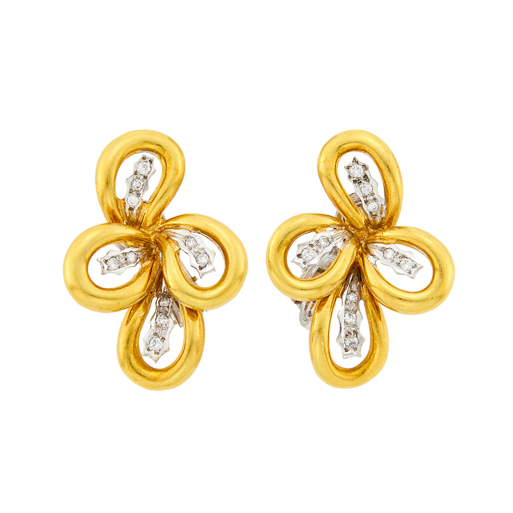 Lot image - Pair of Two-Color Gold and Diamond Flower Earclips