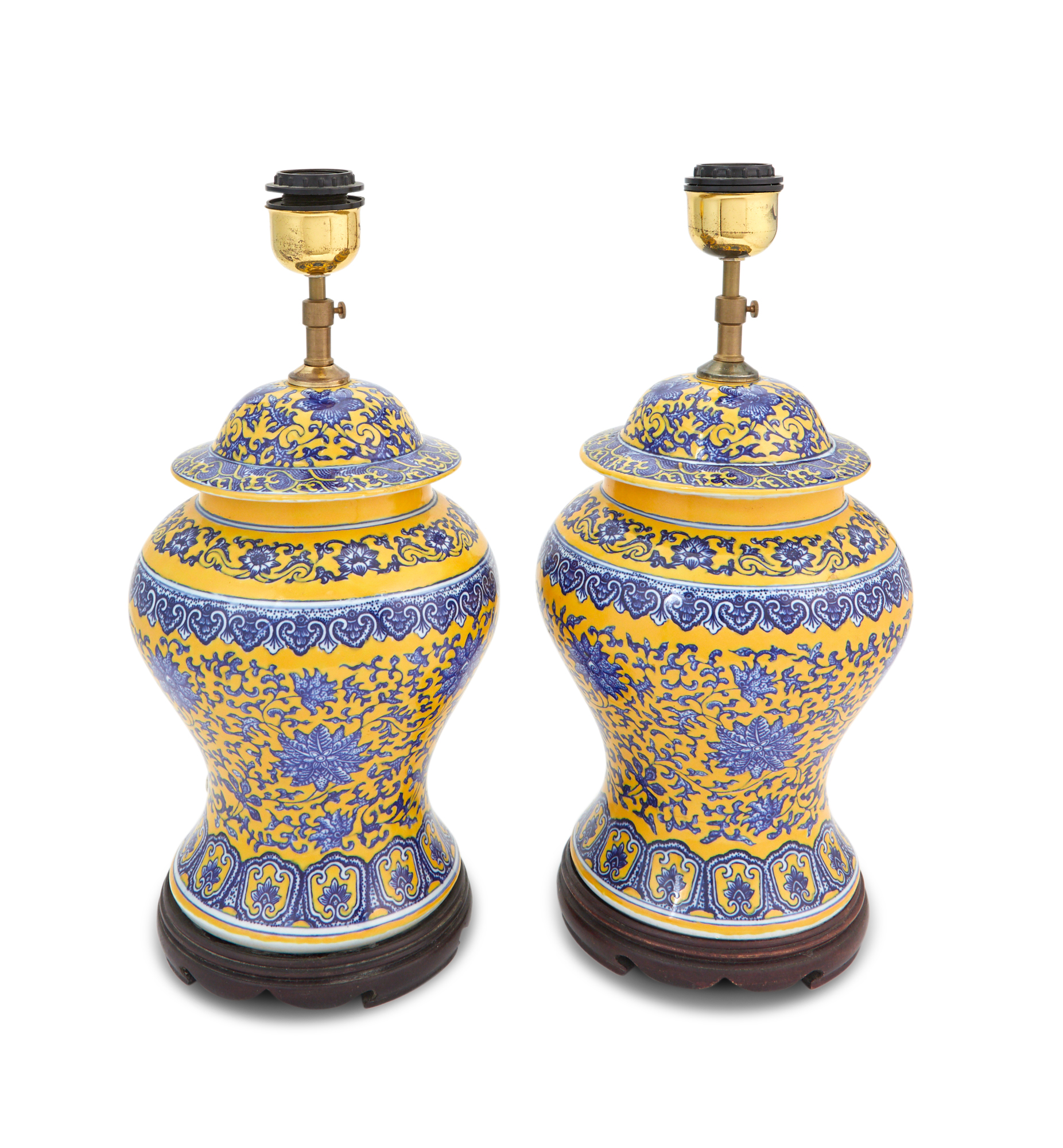Lot image - Pair of Chinese Style Blue and Yellow Porcelain Jar-Form Lamps
