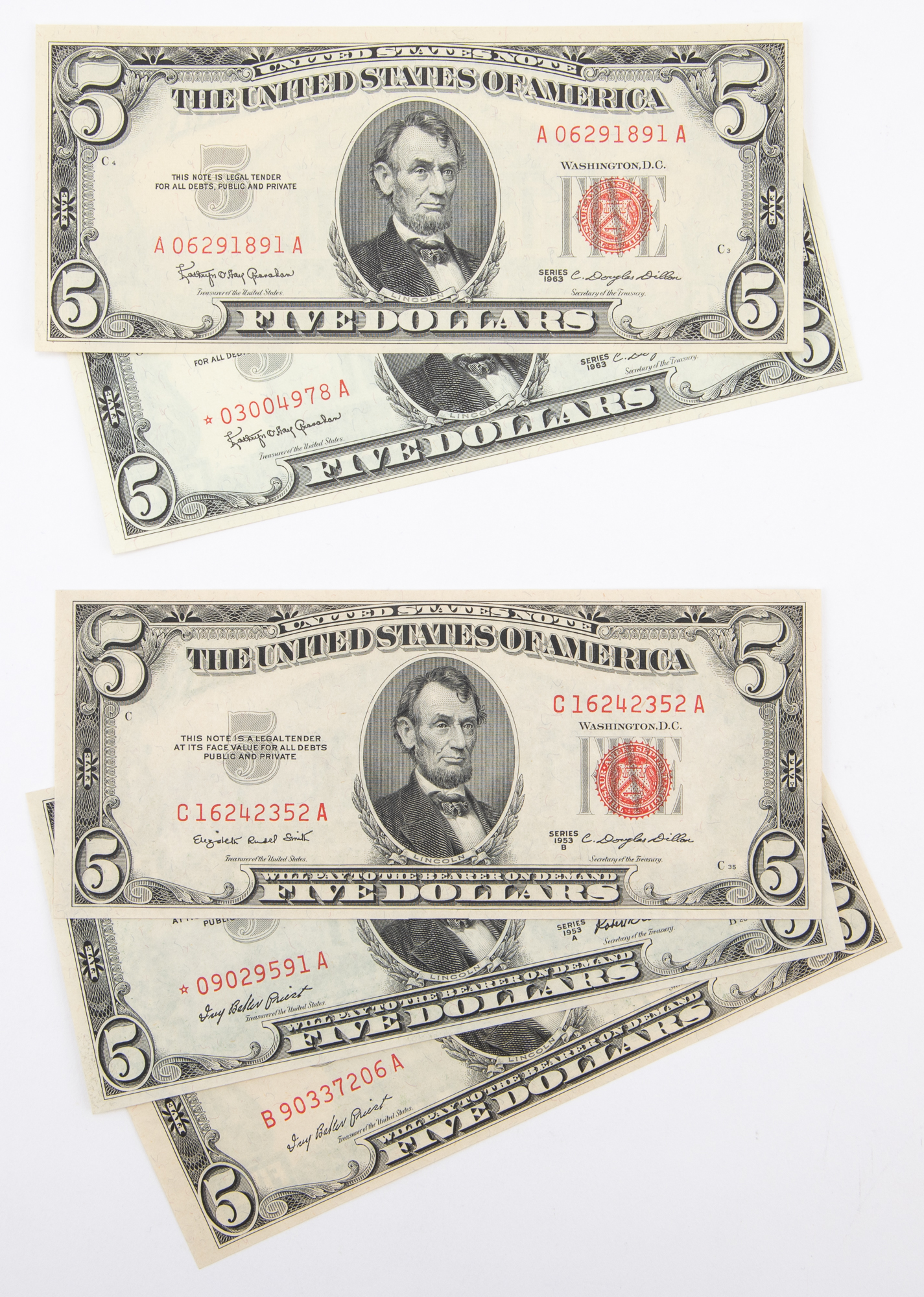 Lot image - United States 1953 and 1963 USN $5 Five Notes