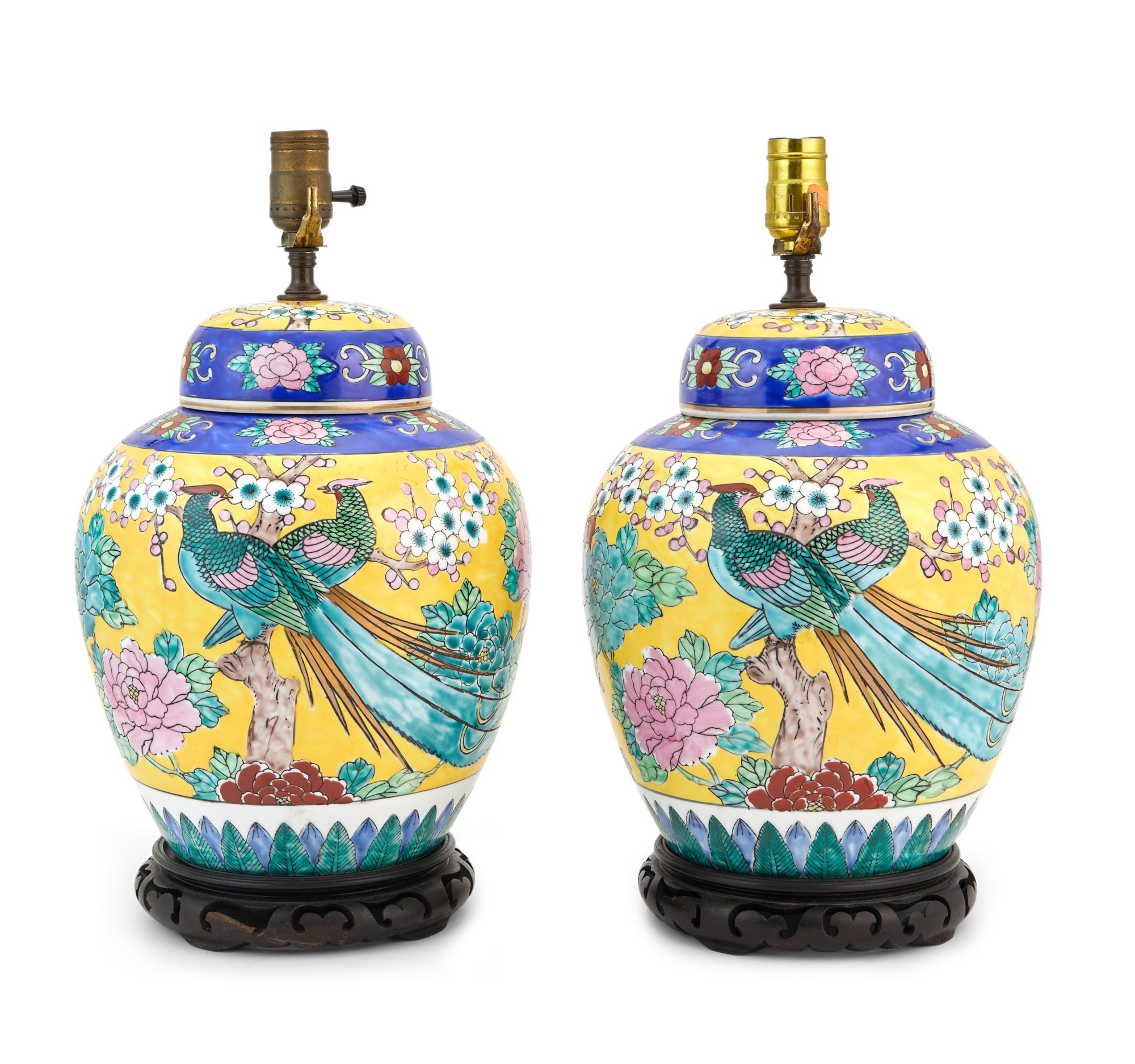 Lot image - Pair of Chinese Style Blue and Yellow Porcelain Ginger Jar-Form Lamps