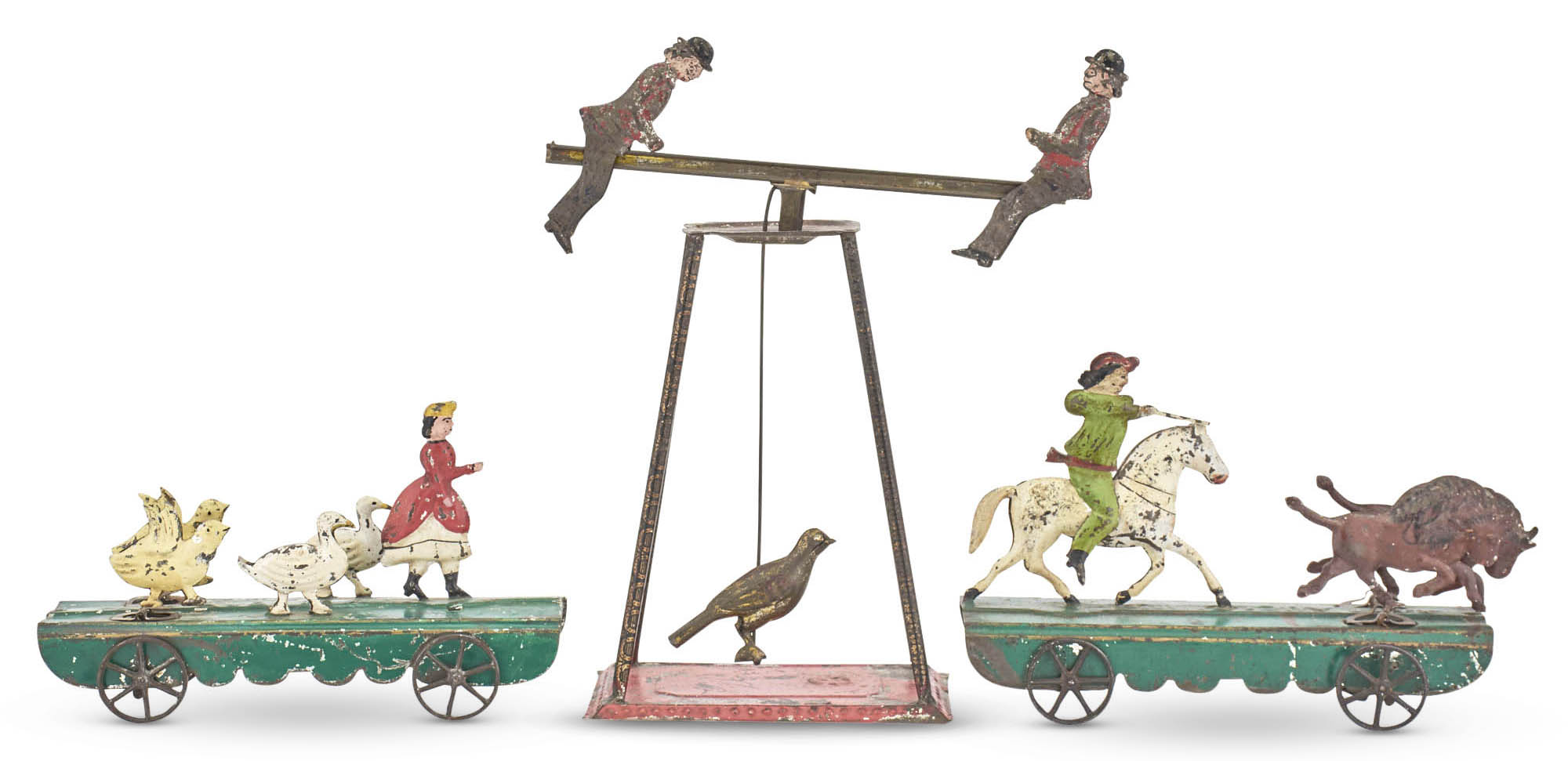 Lot image - Two Painted Tin Platform Toys