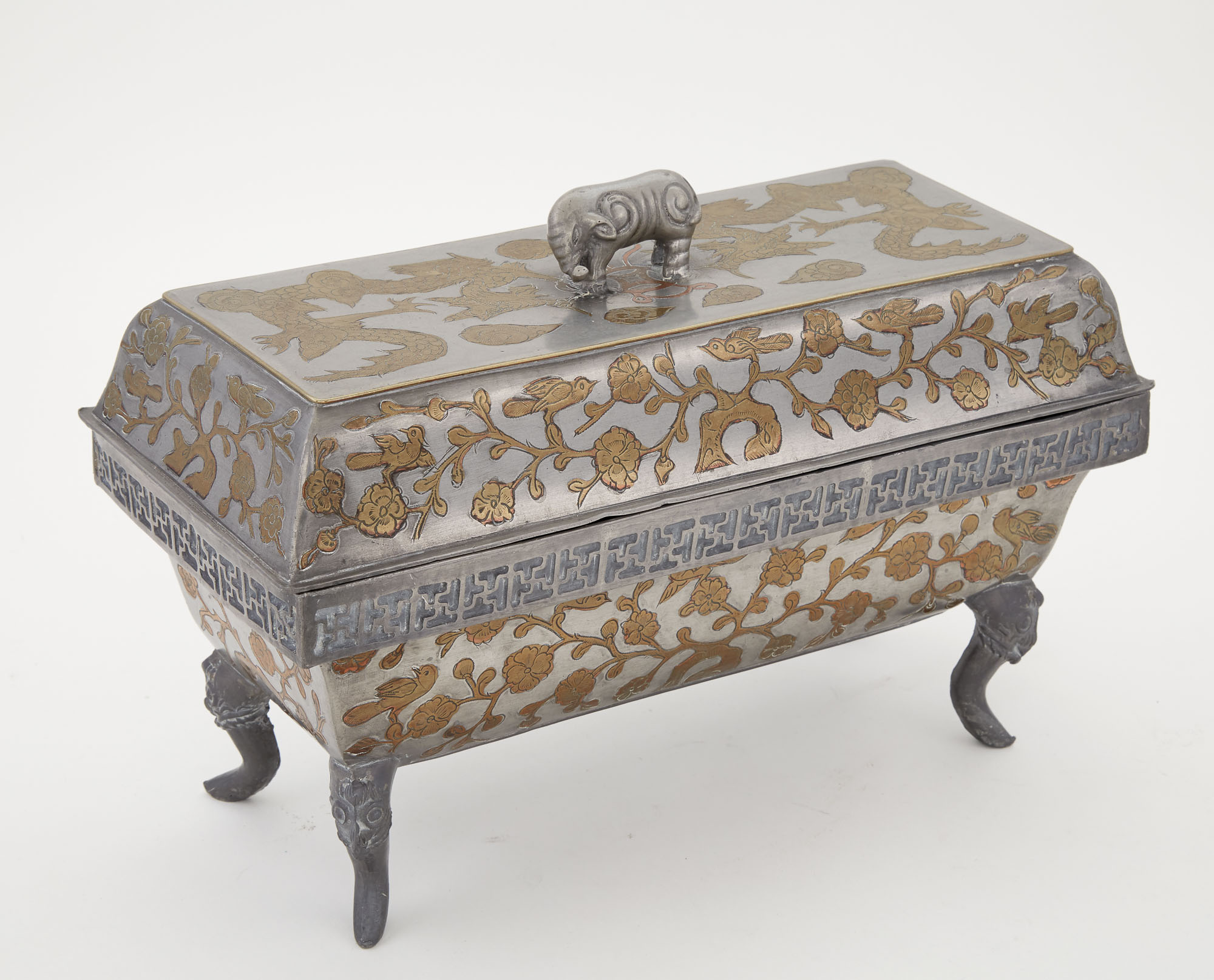 Lot image - Chinese Brass and Copper Inlaid Pewter Covered Vessel