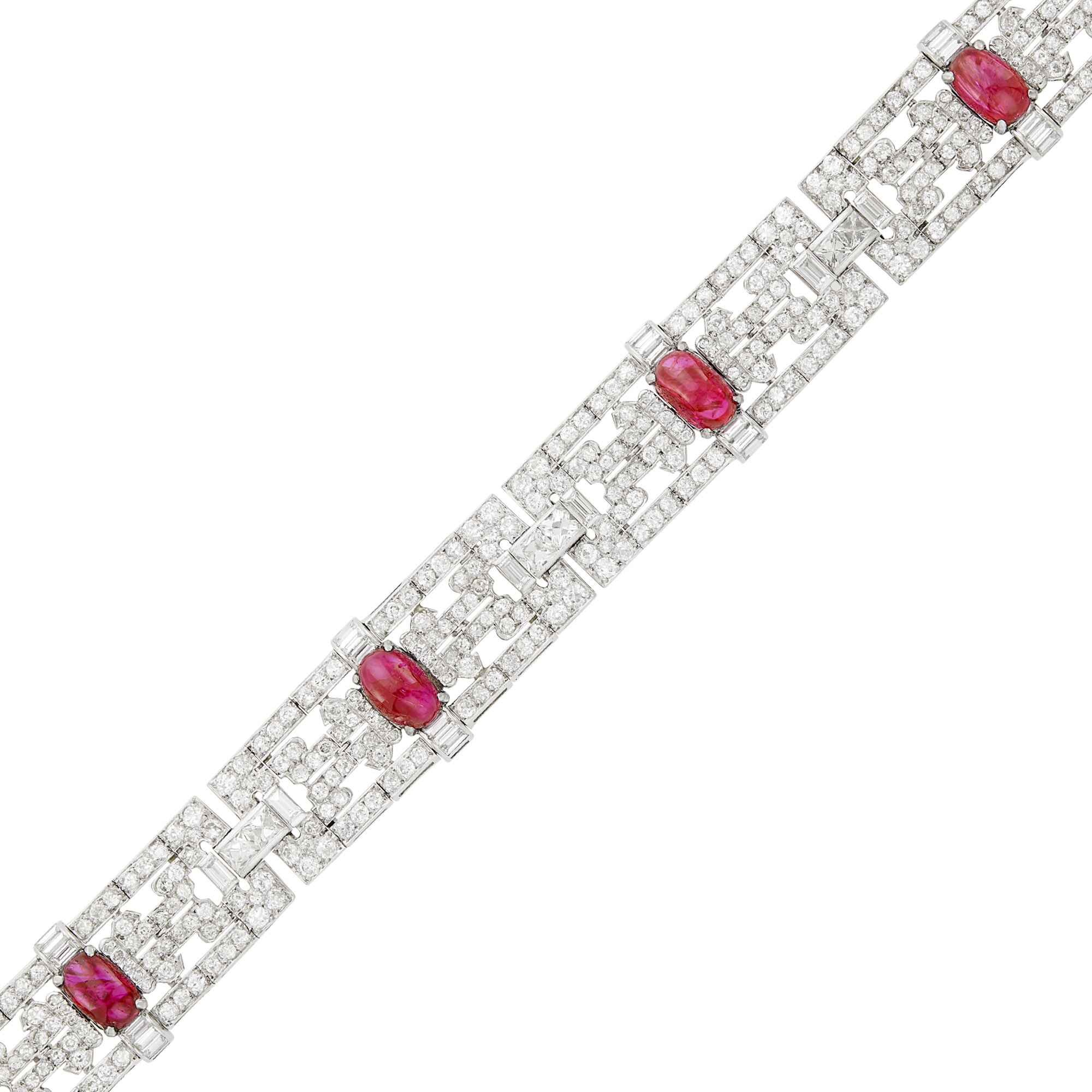Lot image - Platinum, Cabochon Ruby and Diamond Bracelet