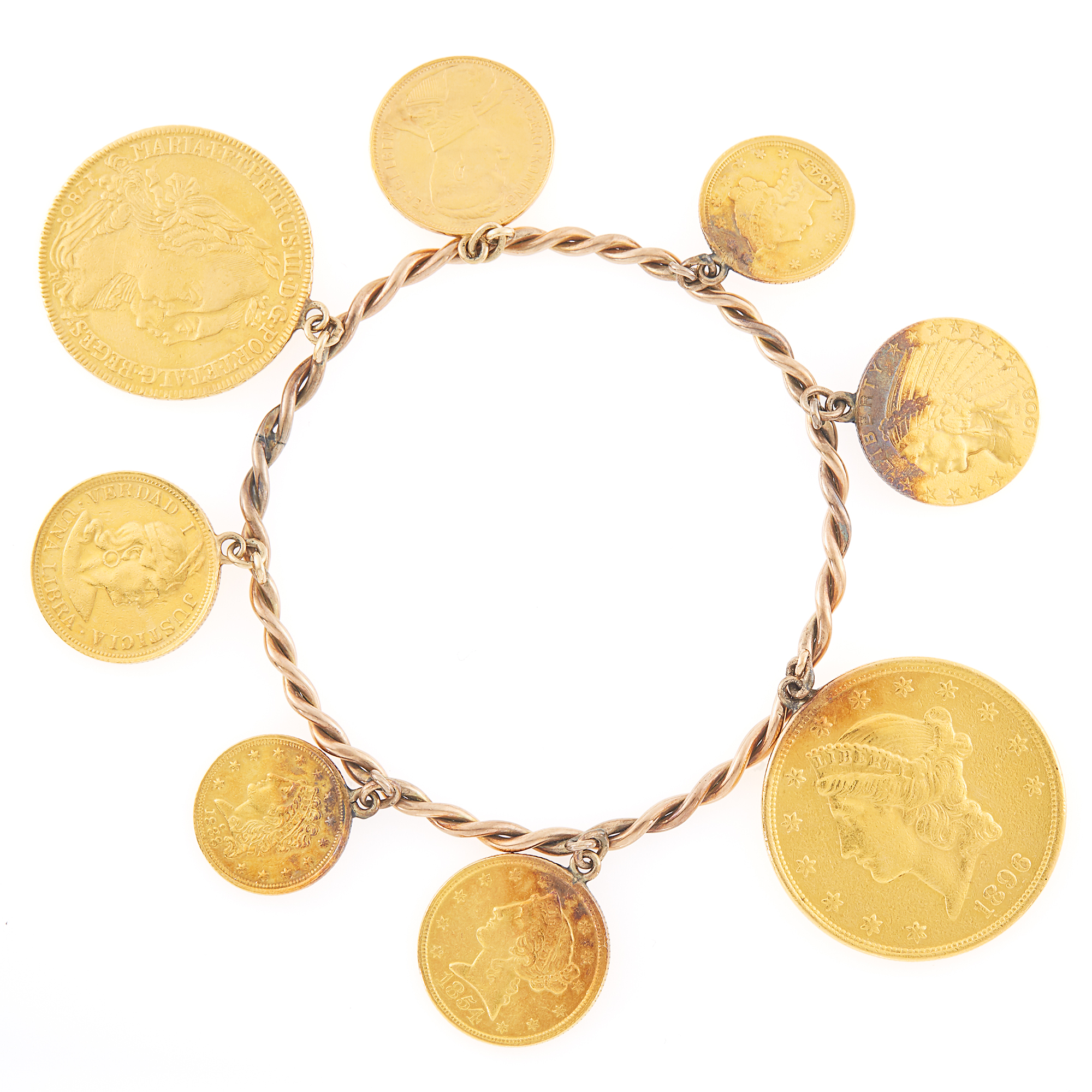 Lot image - Low Karat Gold and Gold Coin Bangle Bracelet
