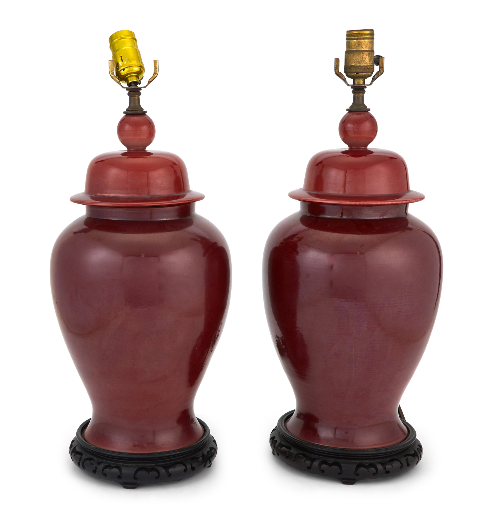Lot image - Pair of Chinese Style Porcelain Oxblood Glazed Covered Jar-Form Lamps