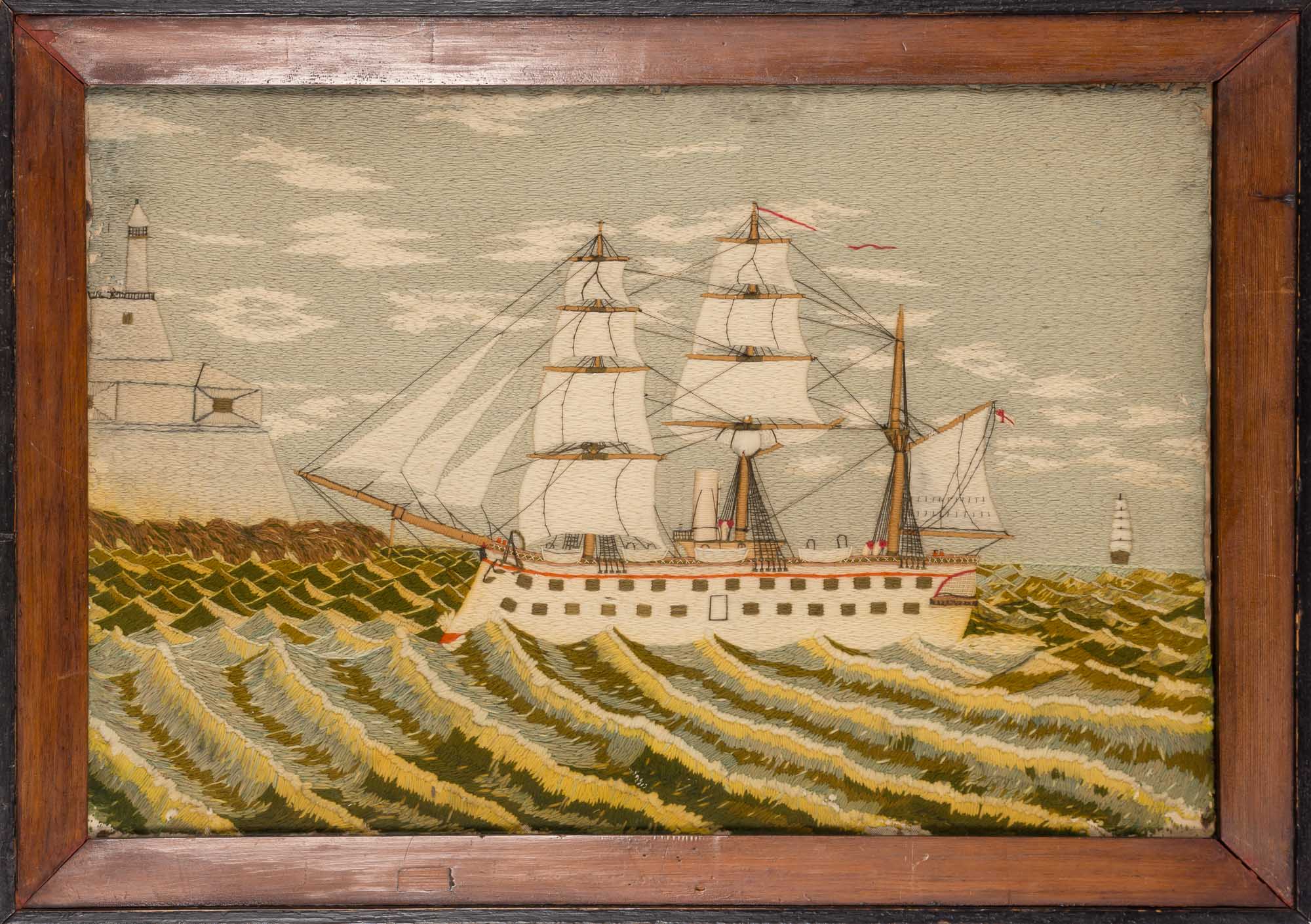 Lot image - English Woolwork Picture of a Steam and Sail Ship