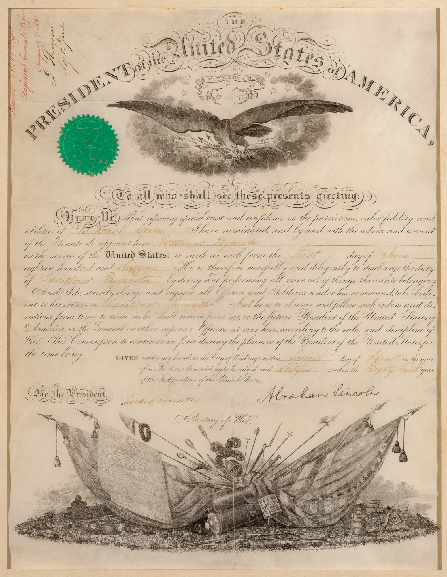 Lot image - LINCOLN, ABRAHAM  Commission signed.