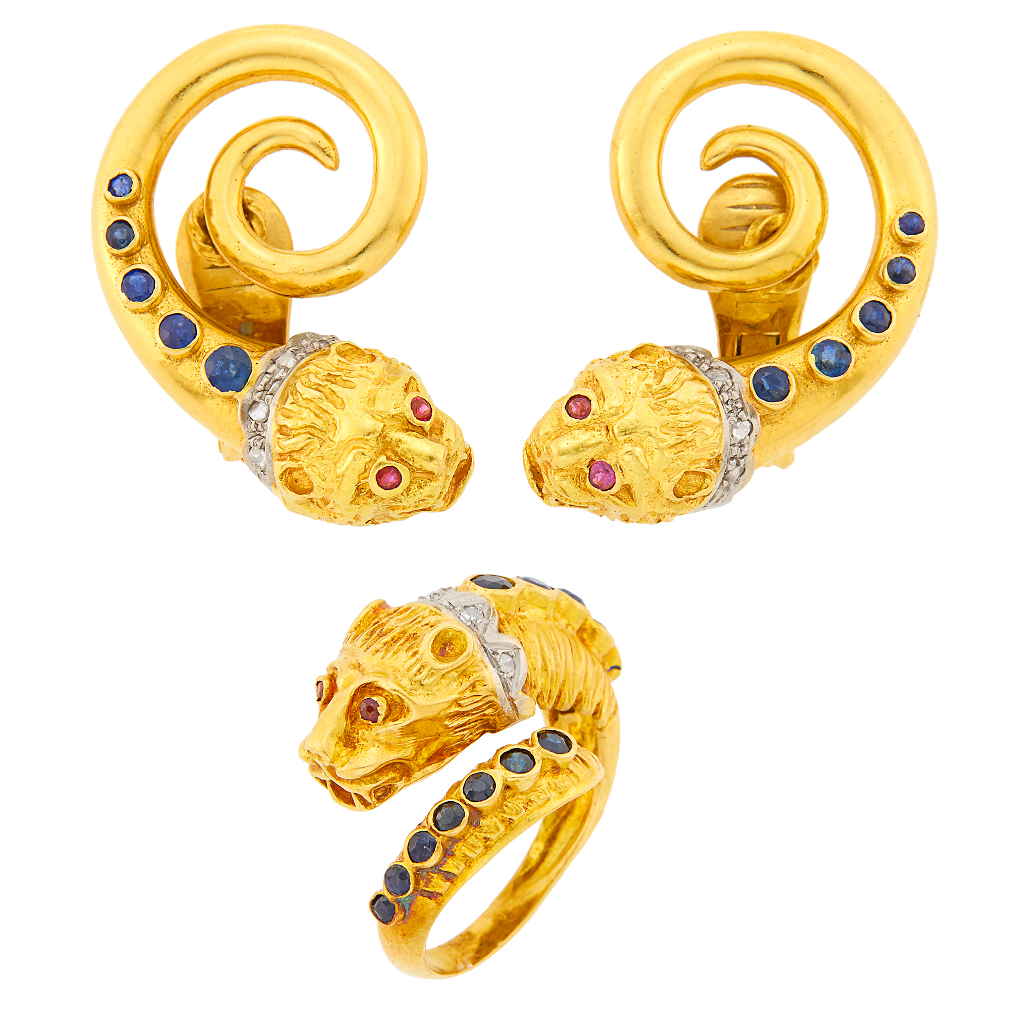 Lot image - Ilias Lalaounis Pair of Two-Color Gold, Sapphire and Diamond Chimera Earclips and Zolotas Ring
