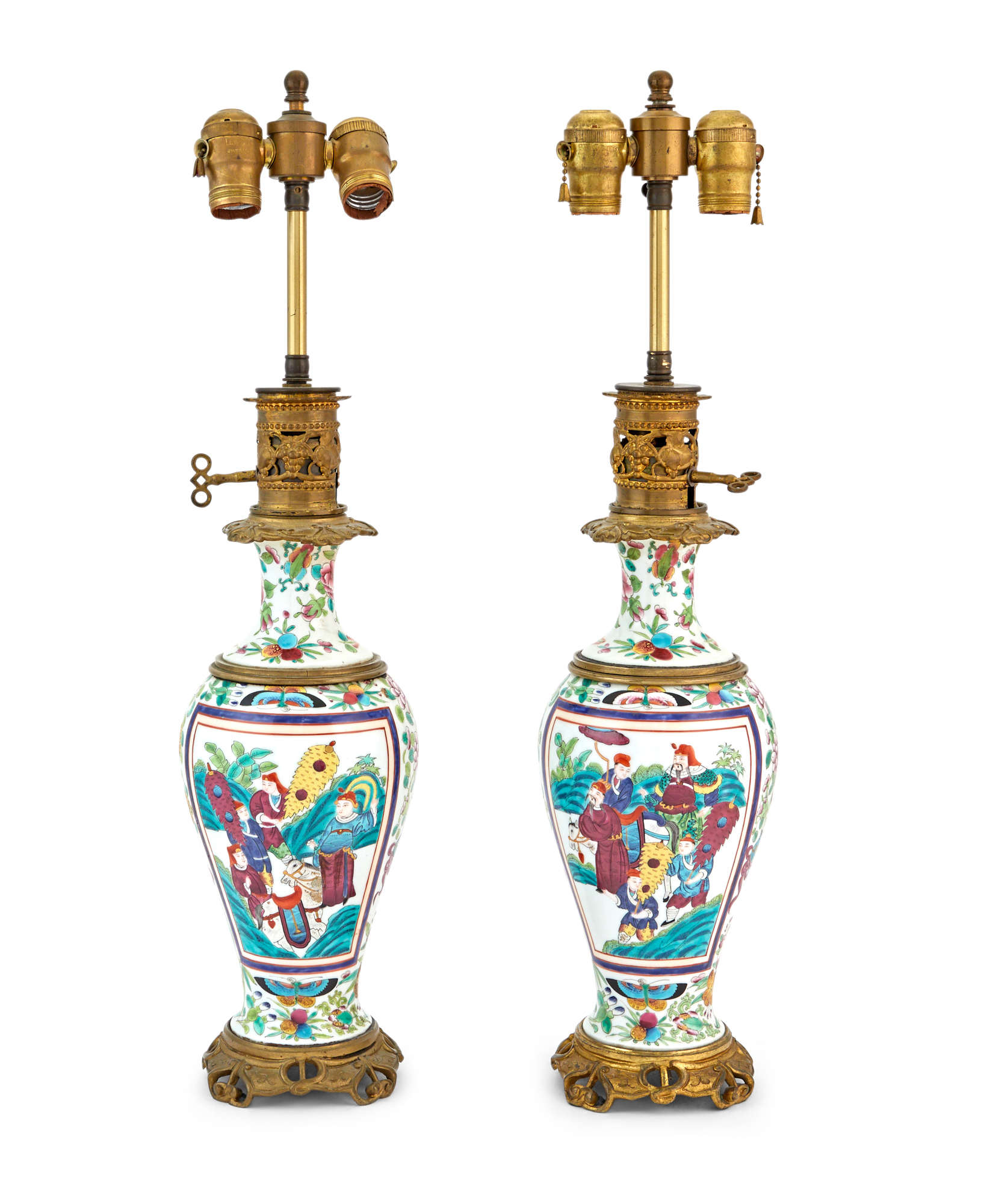 Lot image - Pair of Chinese Polychrome Decorated Porcelain Vasiform Table Lamps