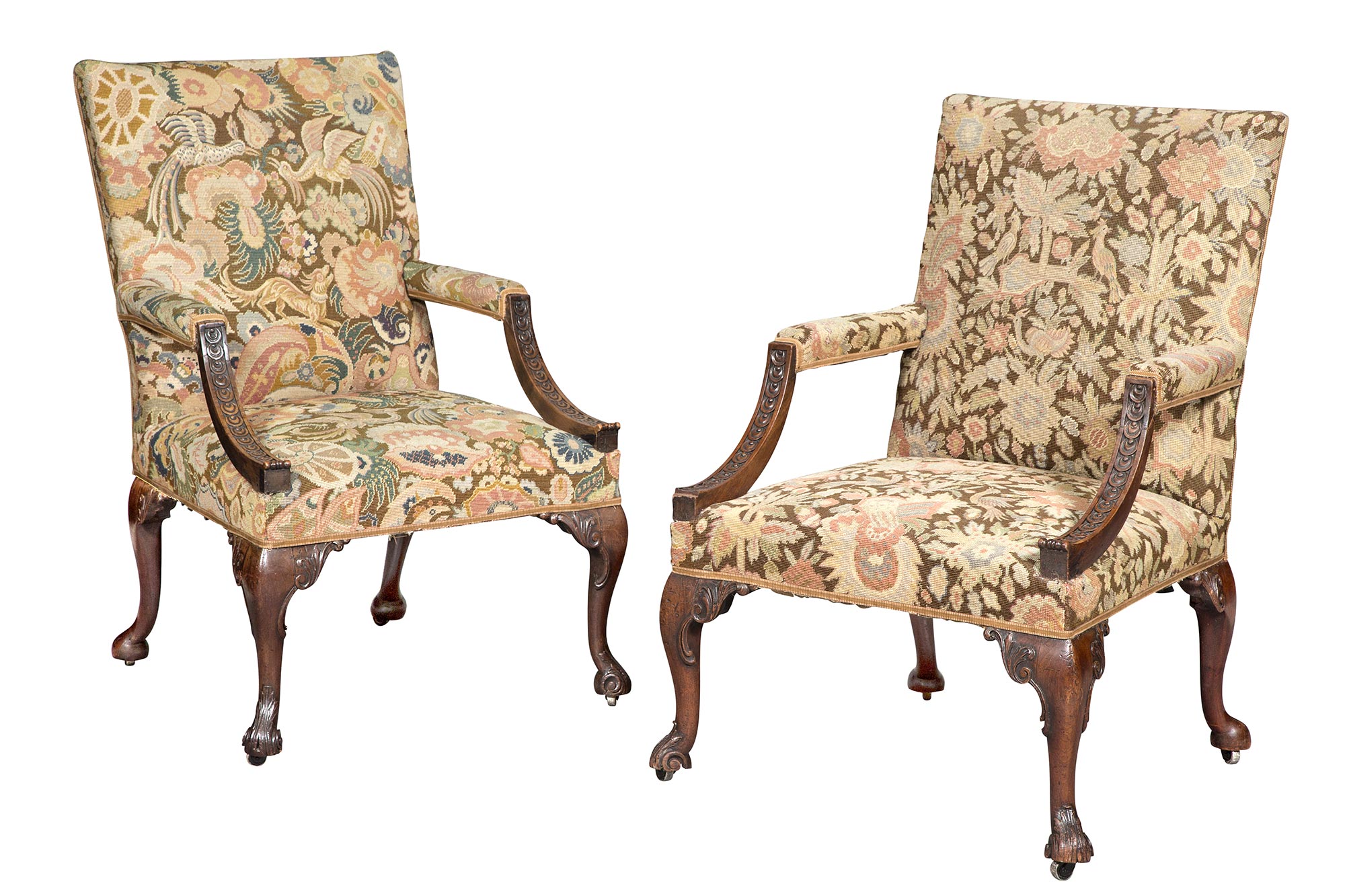 Lot image - Pair of George II Needlework-Upholstered Mahogany Armchairs