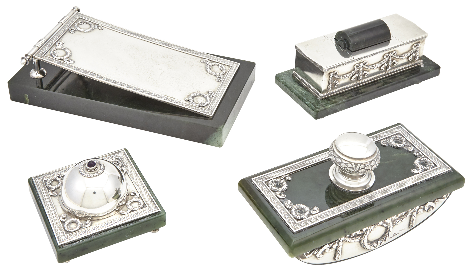Lot image - Russian Silver and Hardstone Four-Piece Desk Set