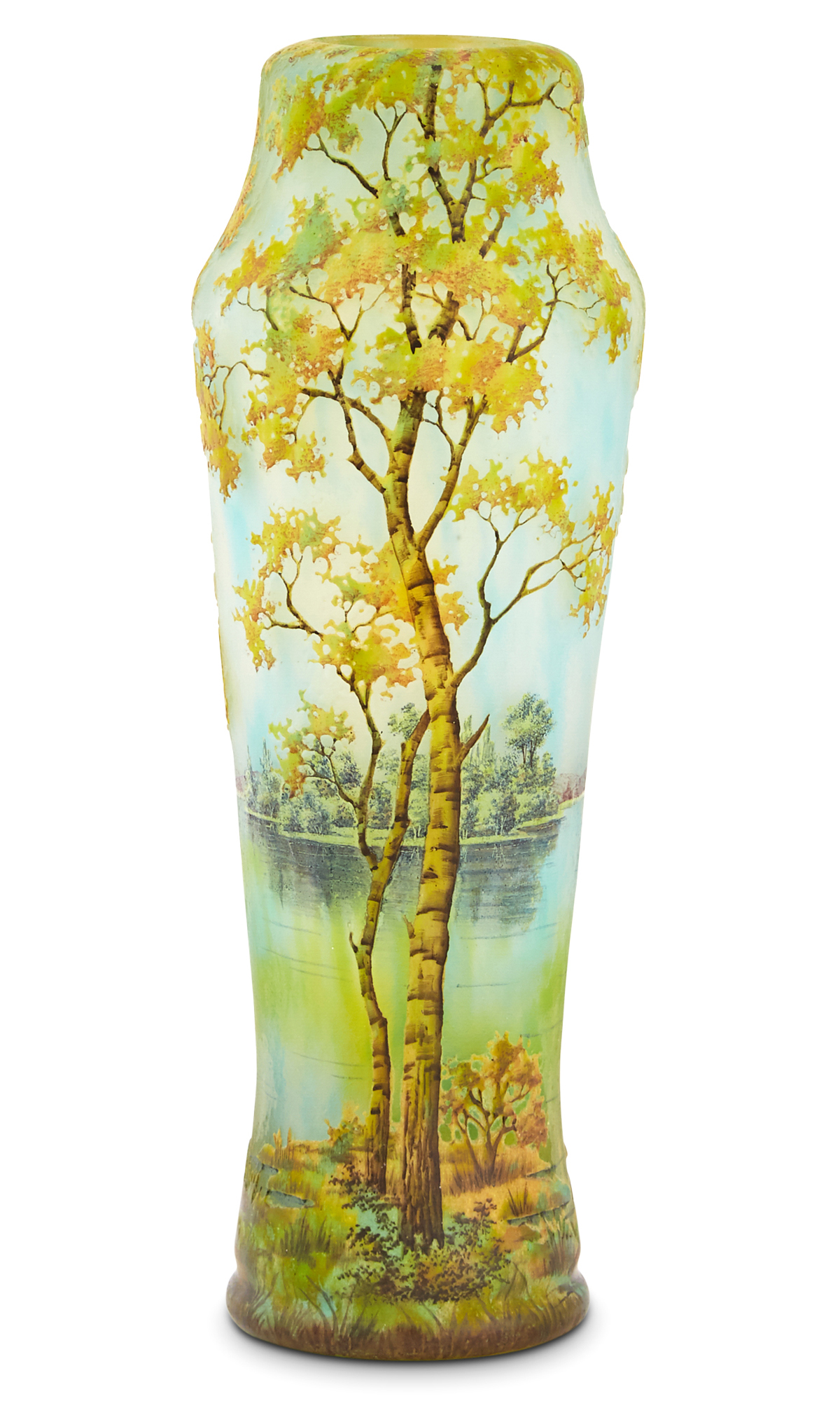 Lot image - Daum Art Nouveau Acid-Etched and Enameled Glass Sunset Forest Landscape Scene Vase