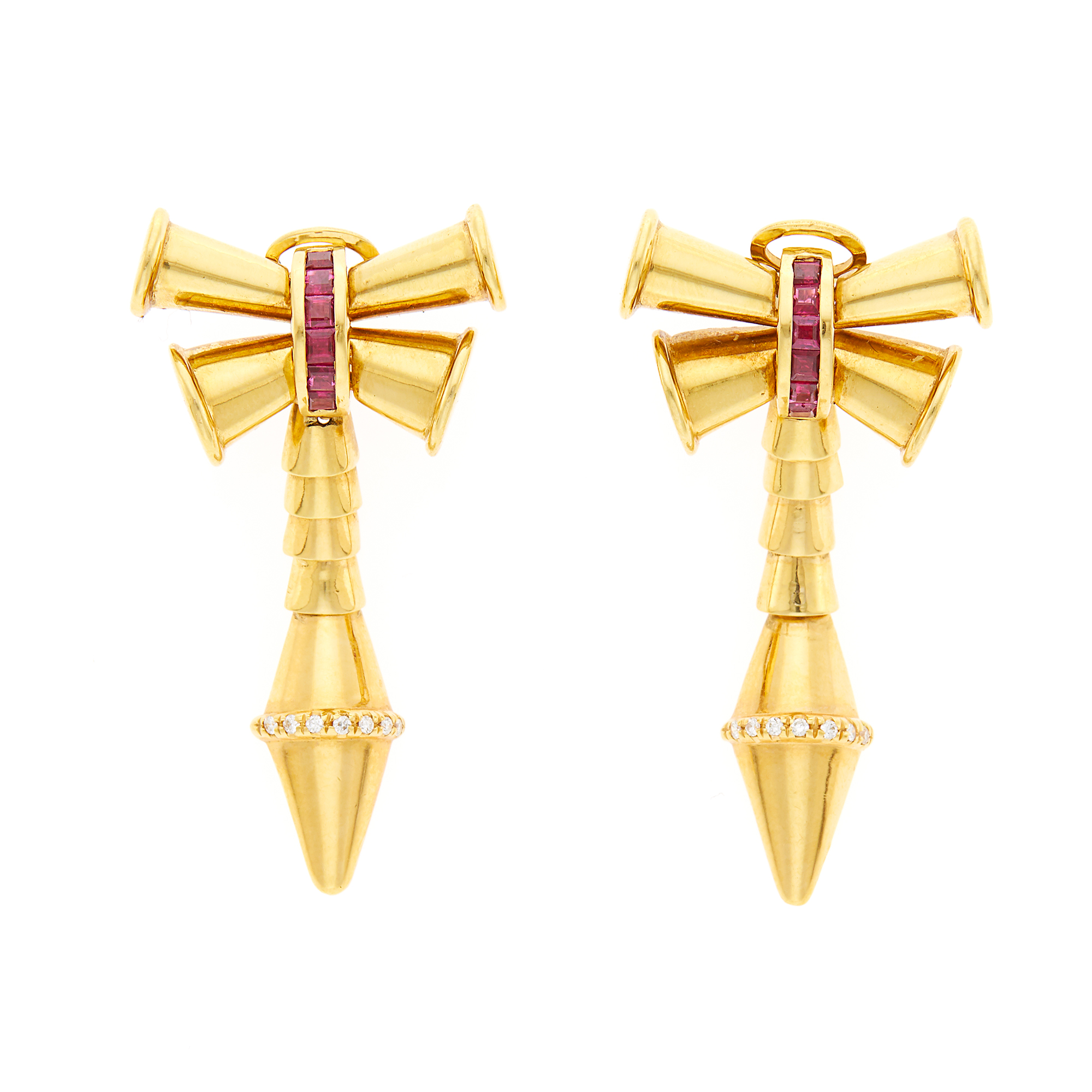 Lot image - Pair of Gold, Ruby and Diamond Pendant-Earclips