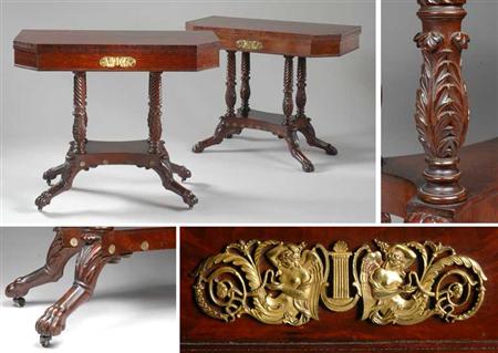 Lot image - Assembled Pair of Rare Classical Ormolu Mounted Mahogany Swivel Top Card Tables