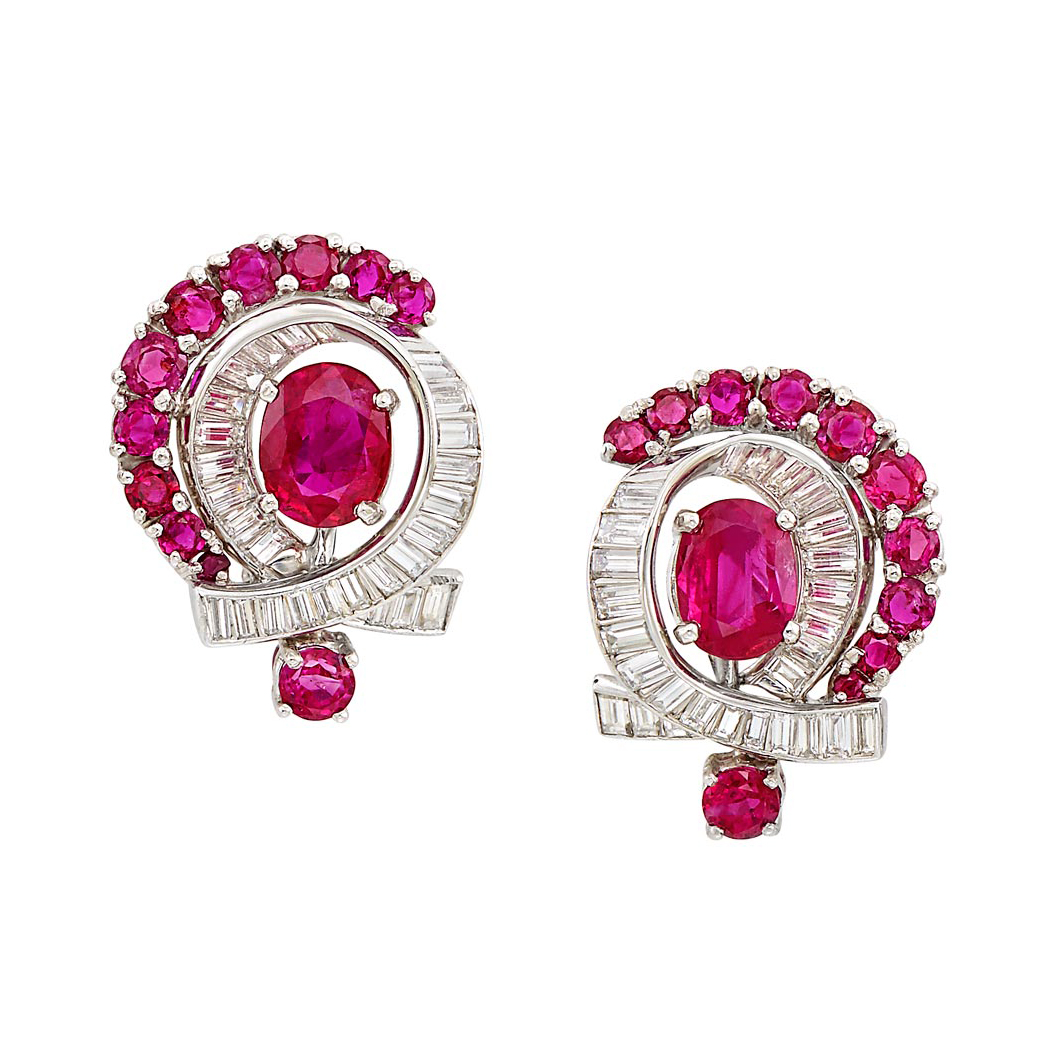 Lot image - Pair of Platinum, Ruby and Diamond Earrings
